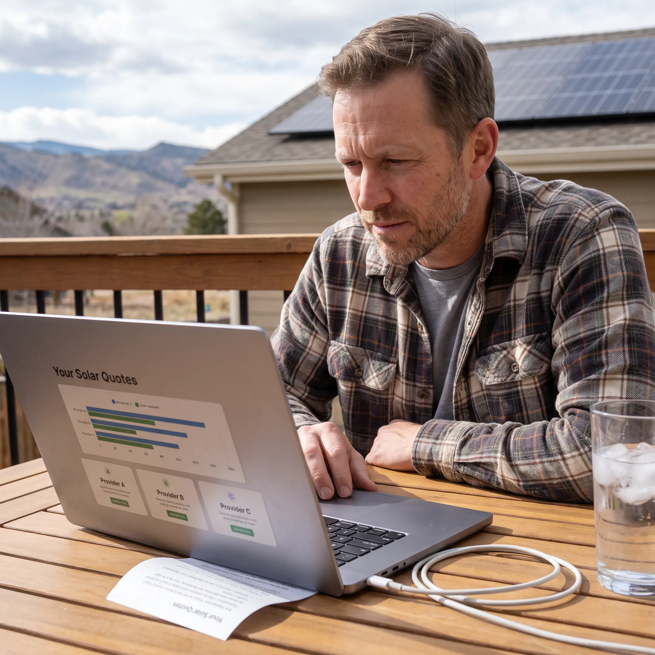 Colorado Springs homeowner reviewing solar contractor quote options at home