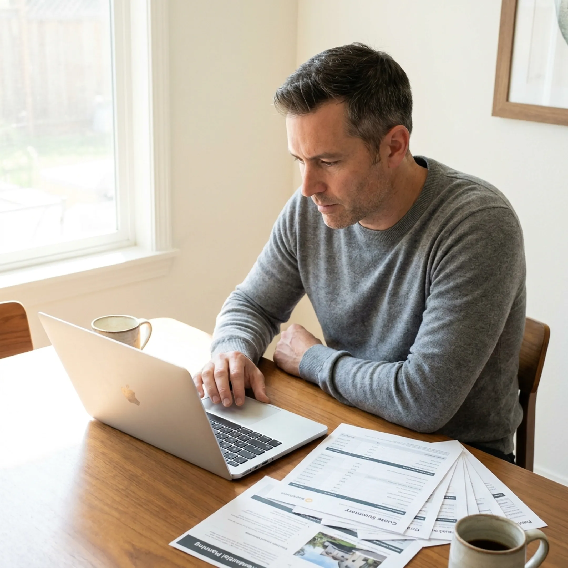 Homeowner reviewing solar contractor quote options at a kitchen table in San Jose