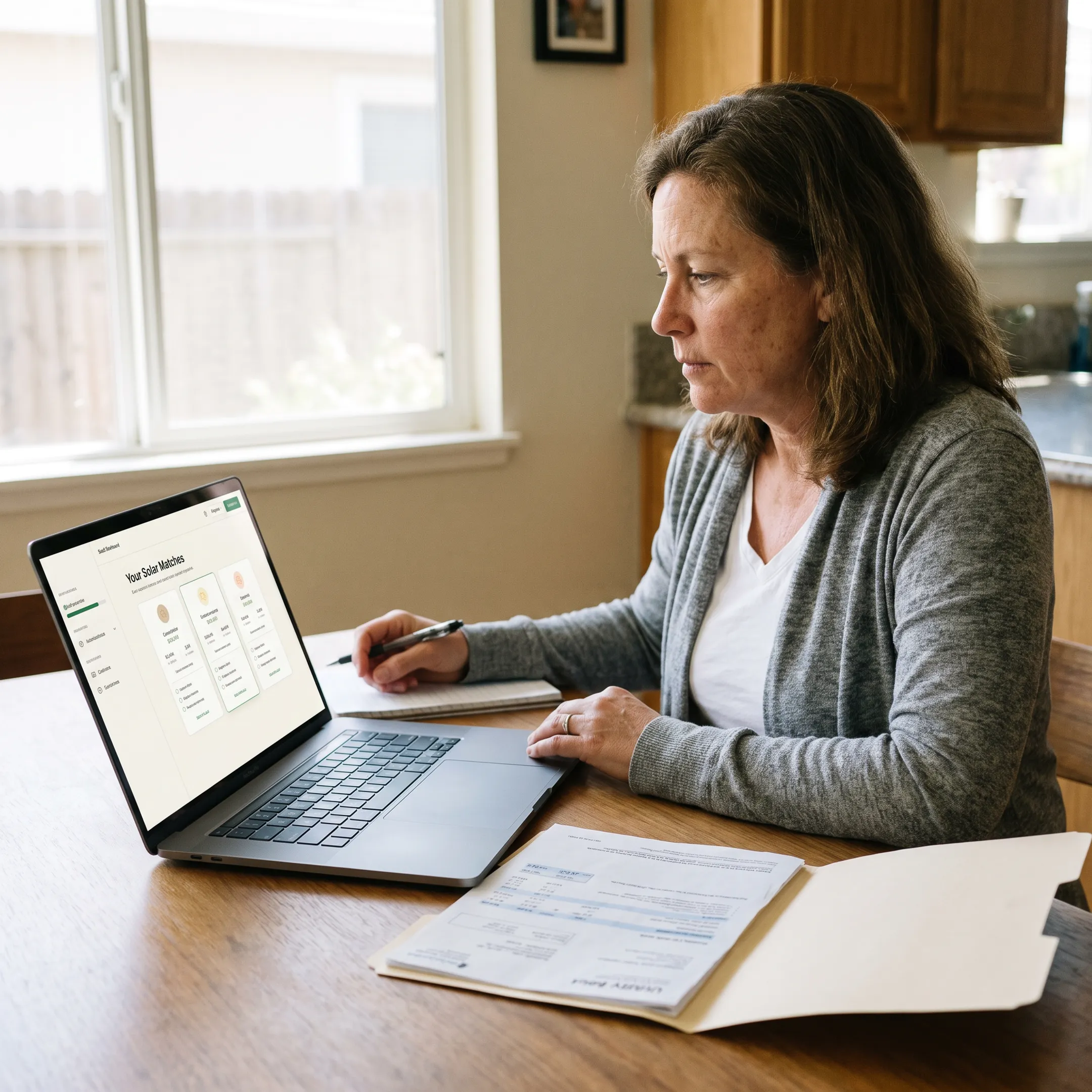 Homeowner comparing solar contractor matches and project quotes online