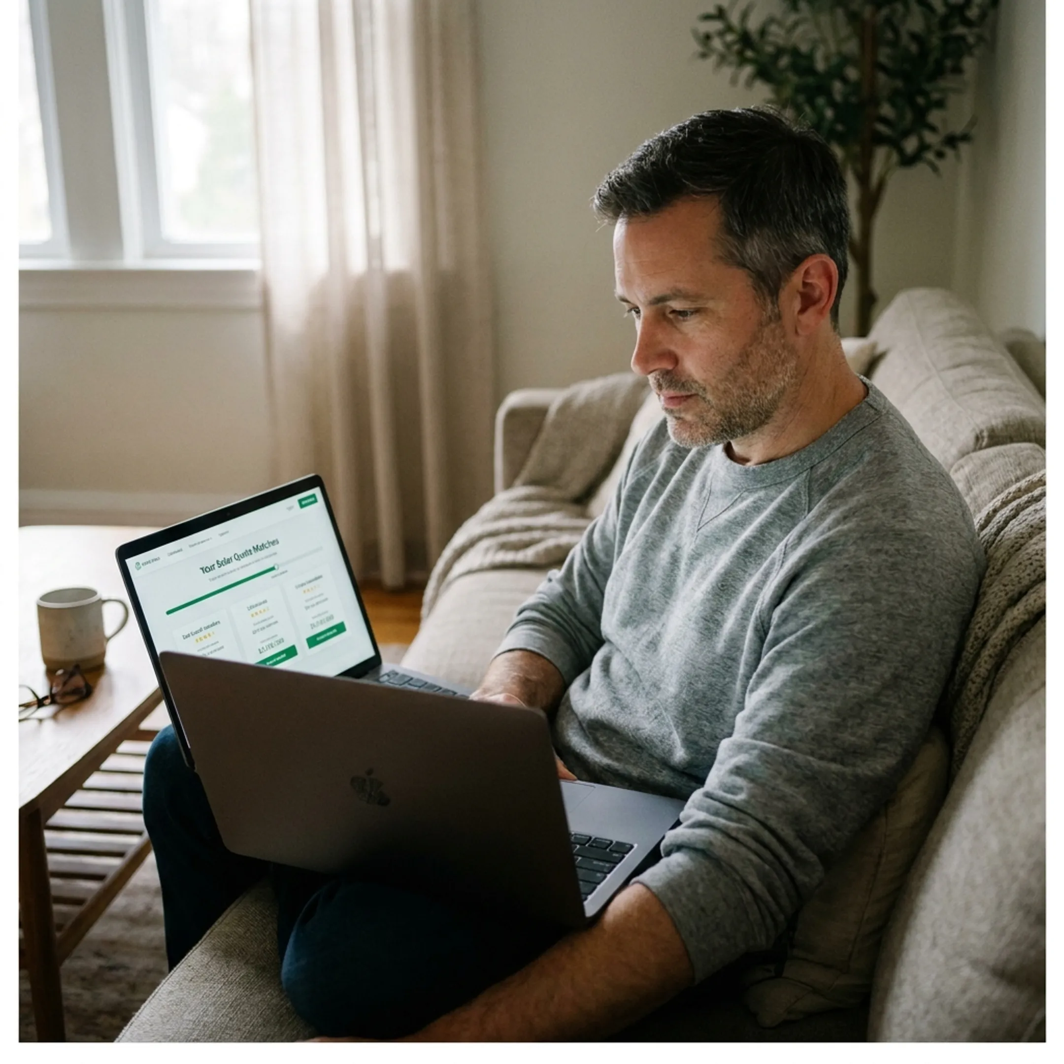 Homeowner comparing solar quotes online