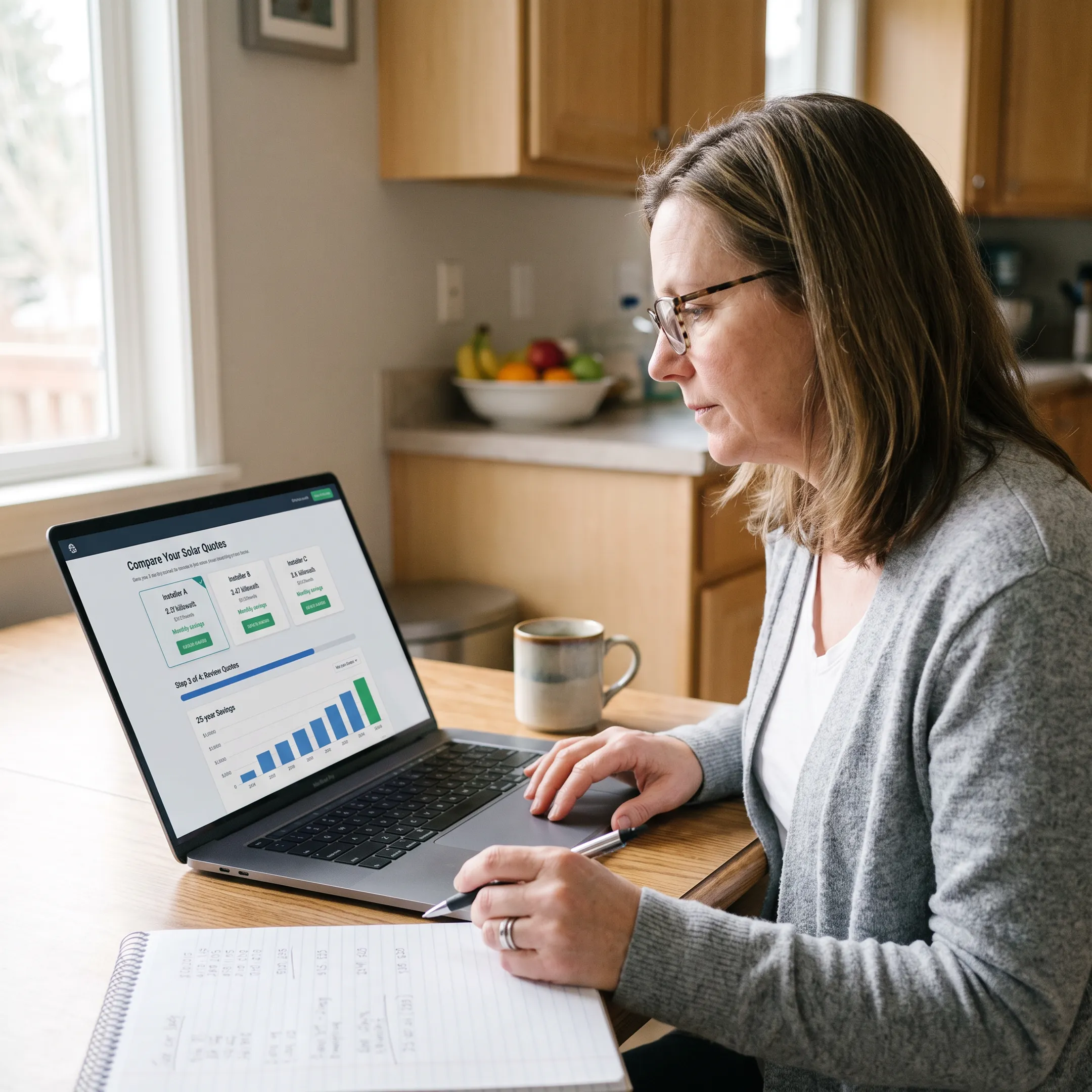 Minnesota homeowner reviewing solar contractor quotes at home
