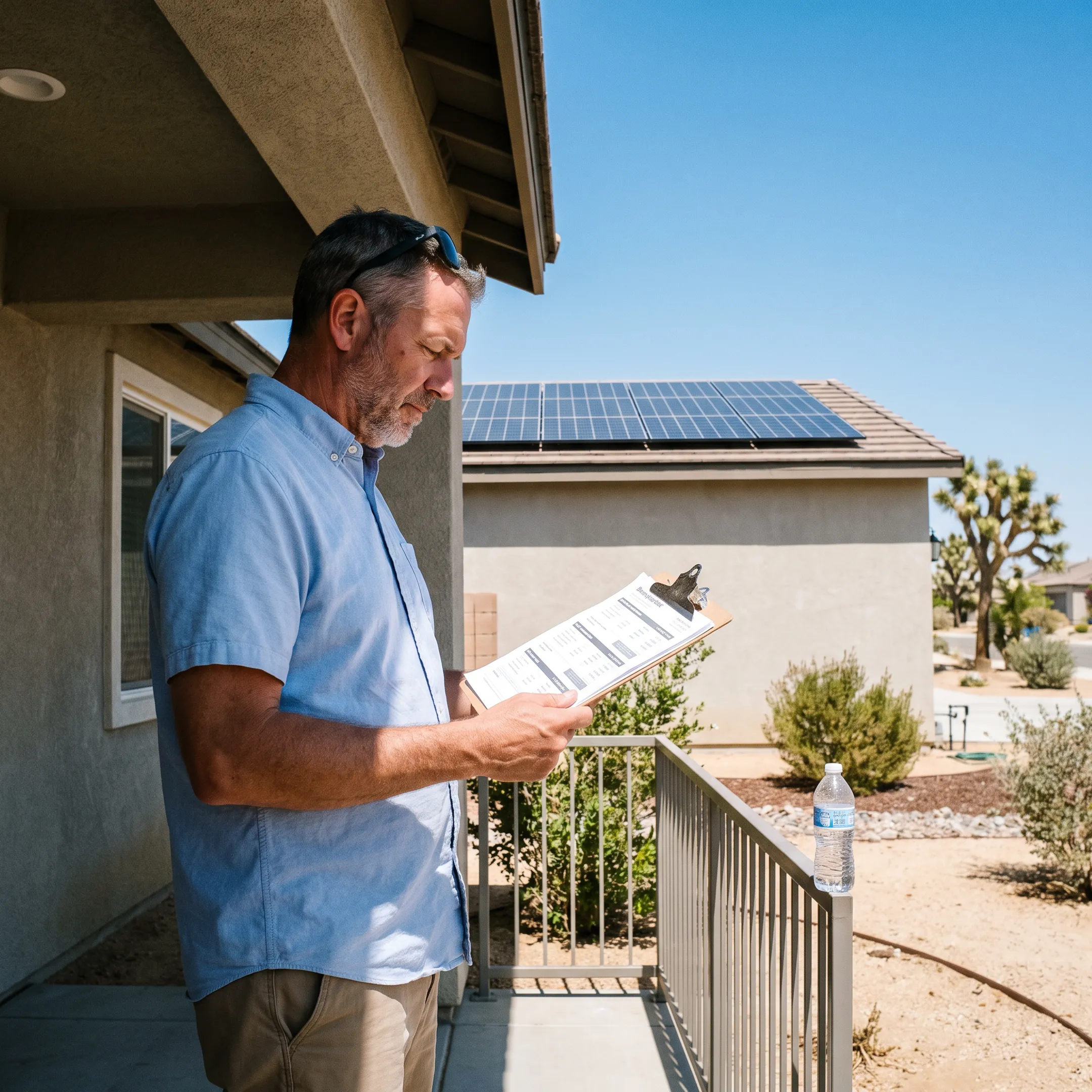 Solar panels on a Lancaster home under bright California sunshine