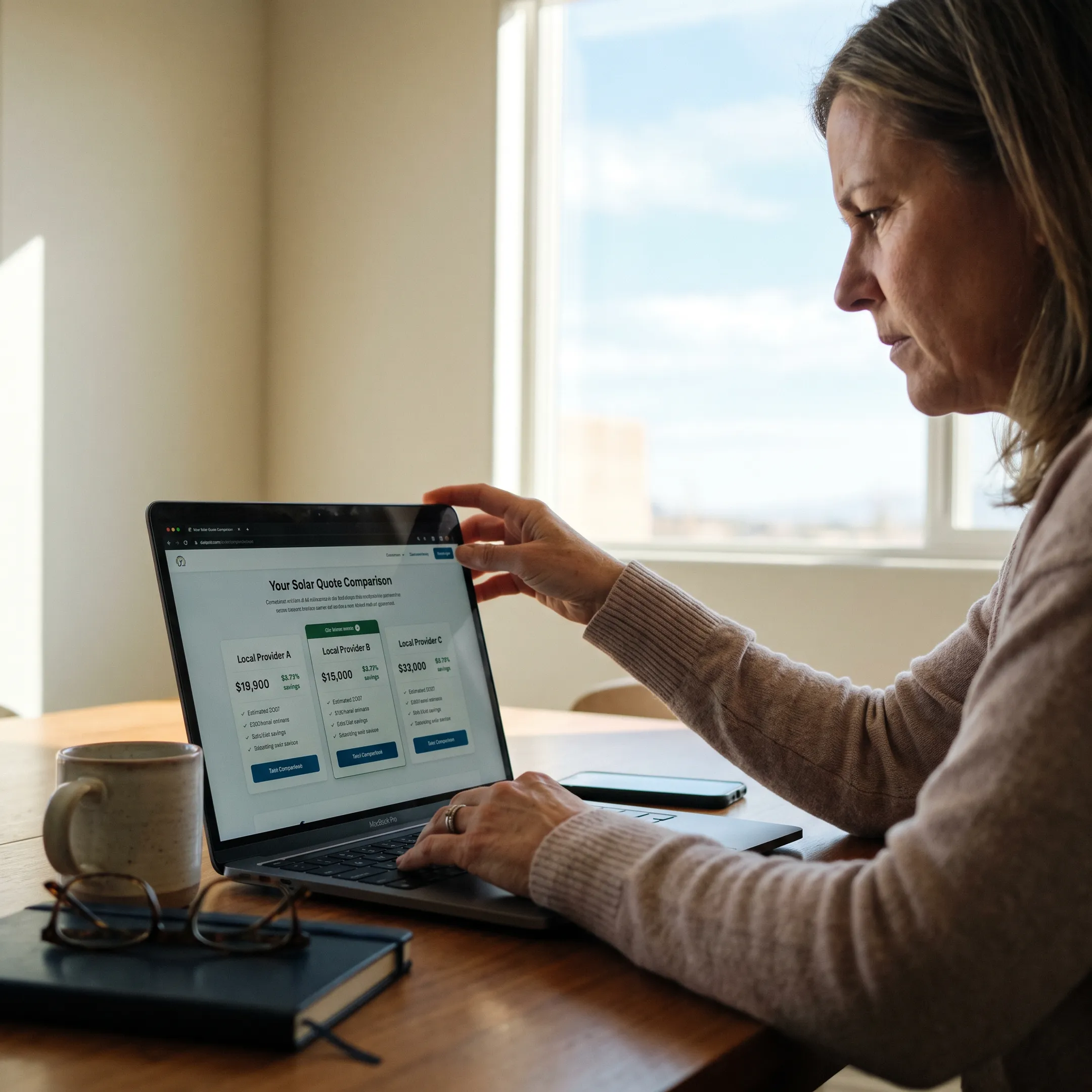 Homeowner reviewing solar contractor matches and project quotes online
