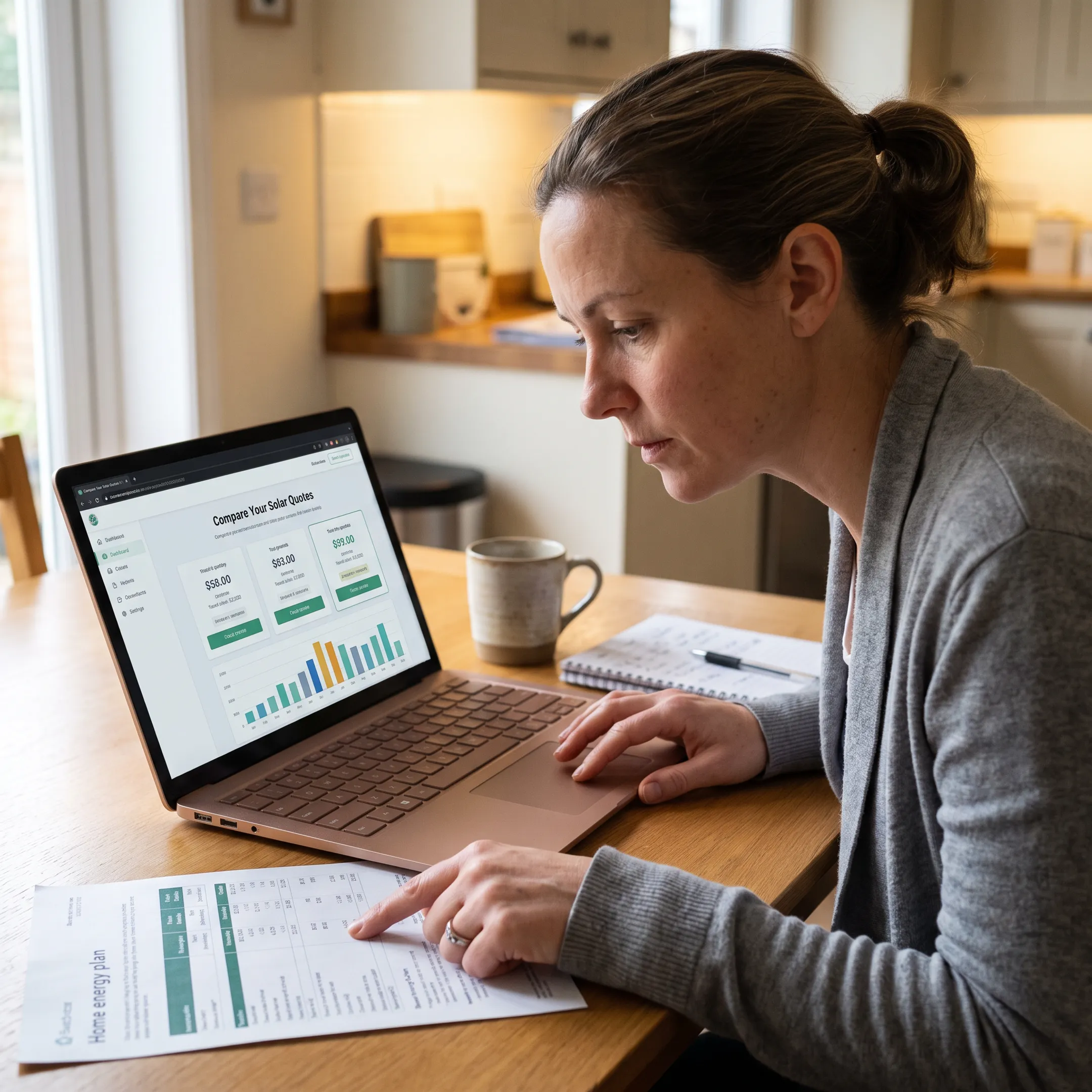 Homeowner comparing solar installation quote options on a laptop