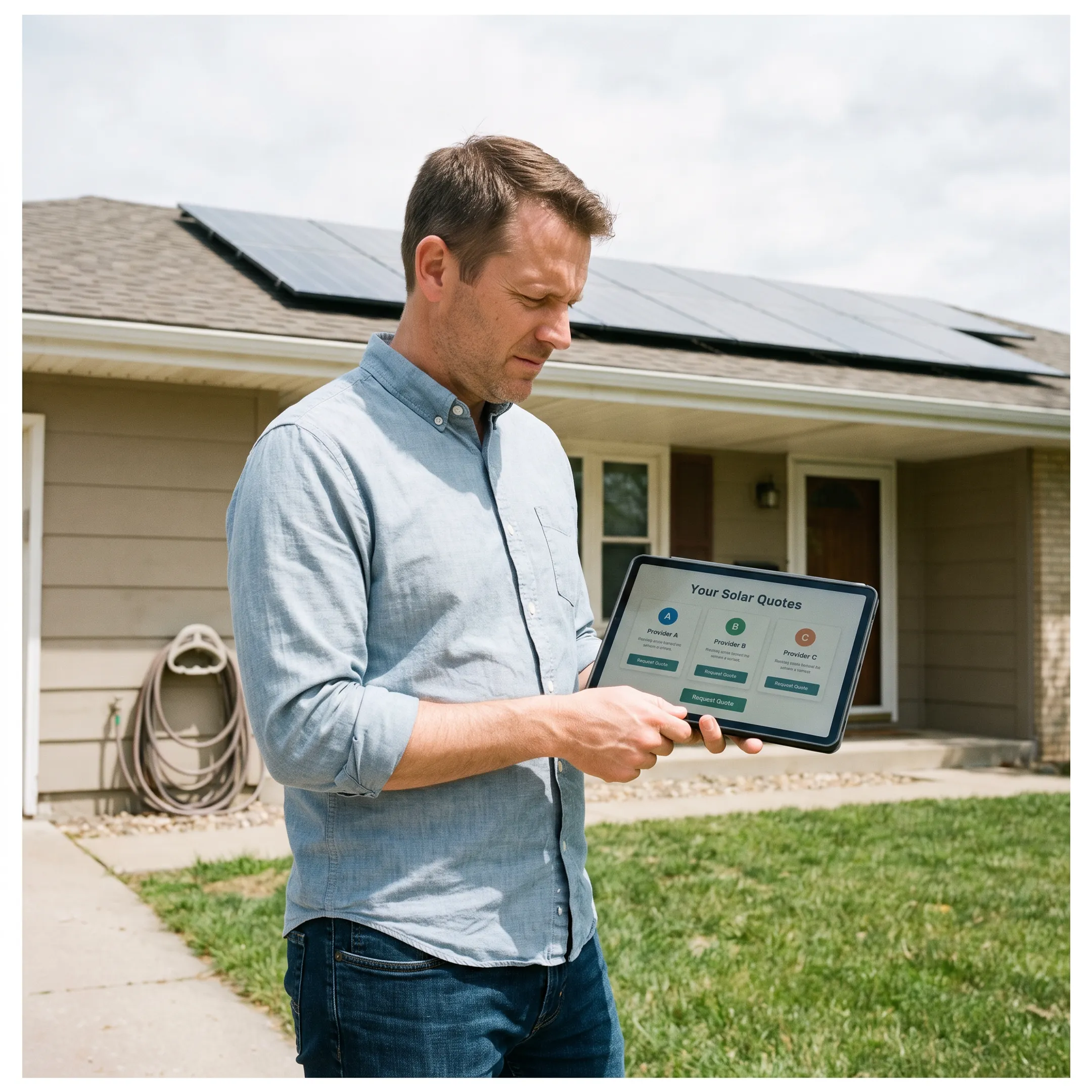 Home with rooftop solar panels under a bright Wichita sky