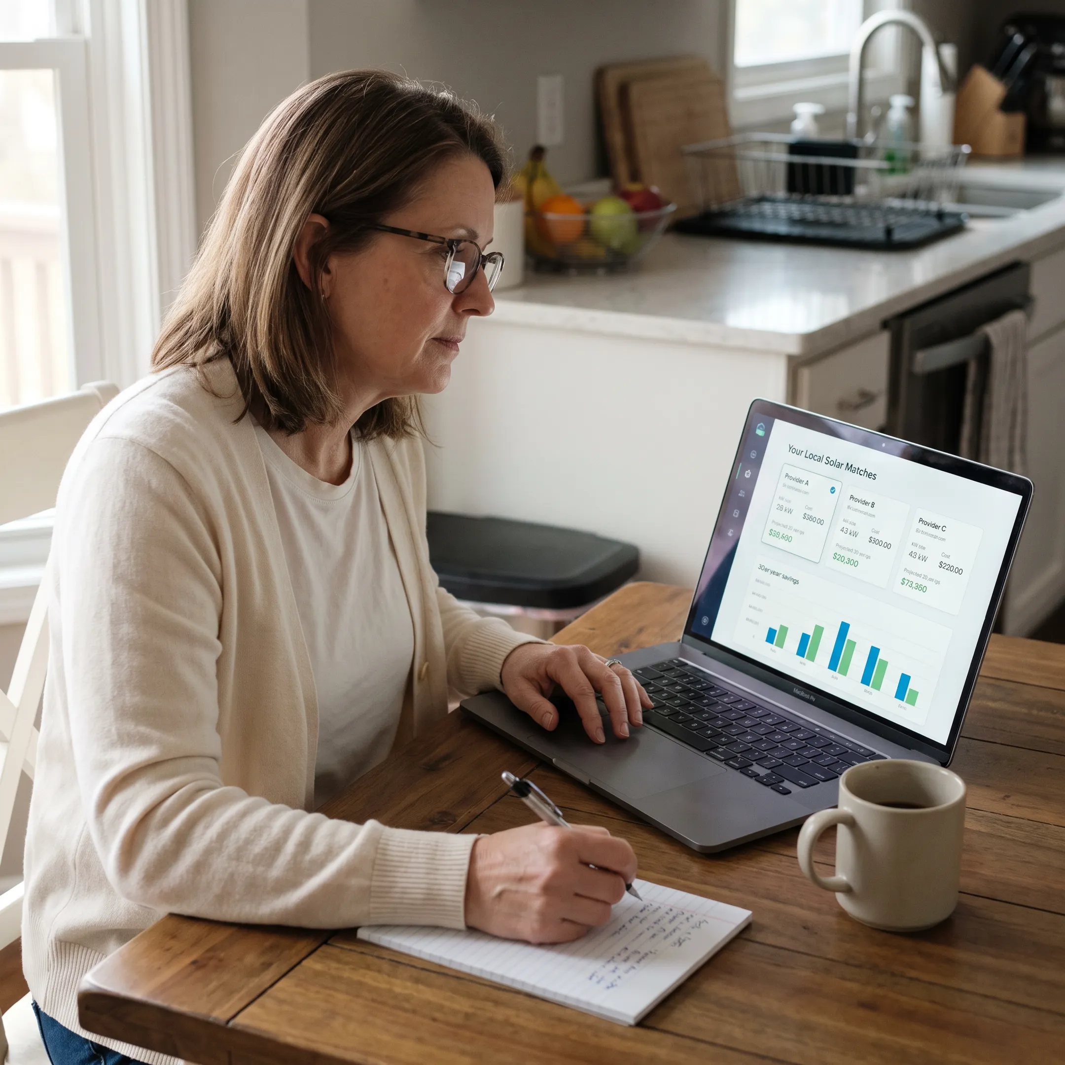 Homeowner reviewing a solar quote matching process on a laptop