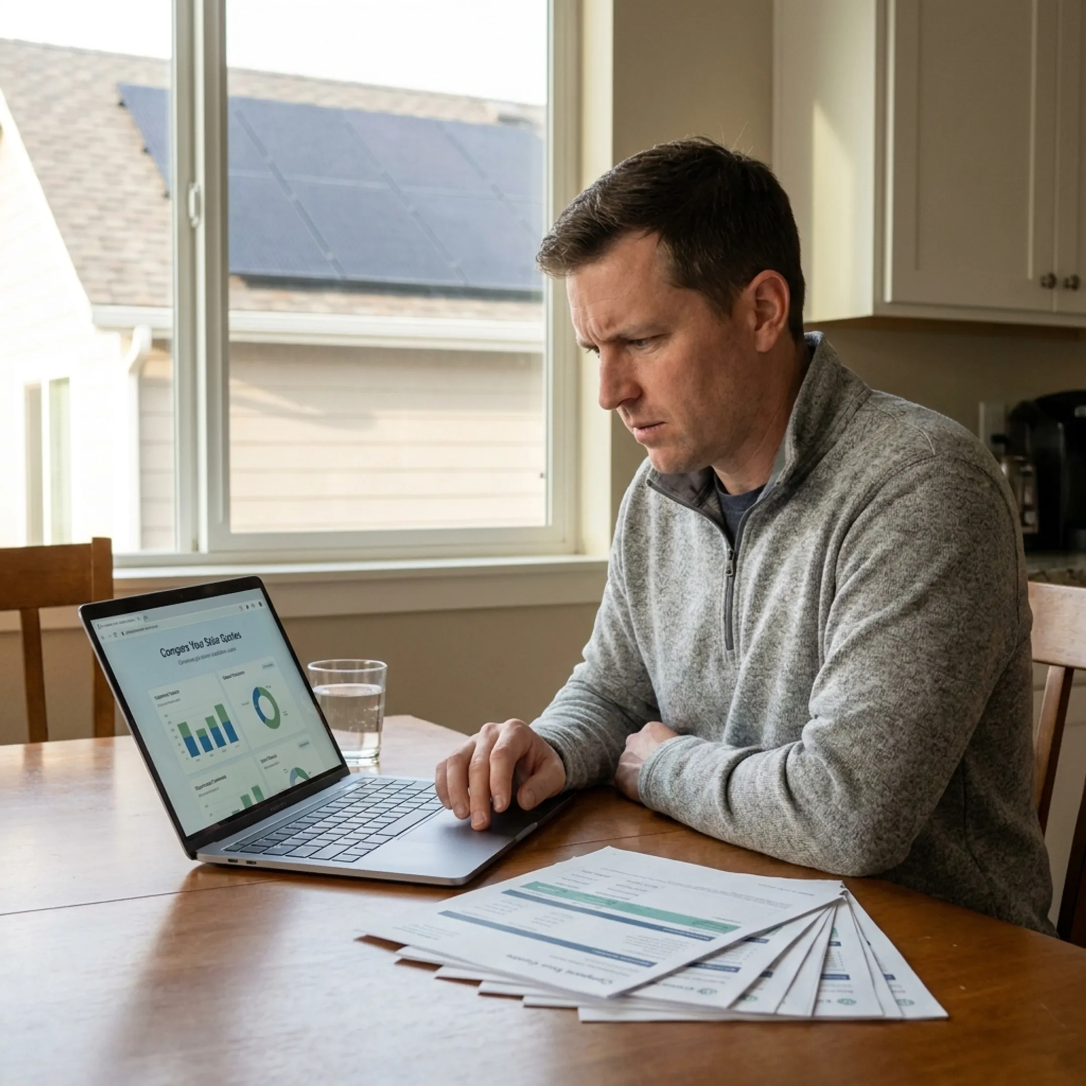 Homeowner reviewing solar contractor quotes on a laptop at home