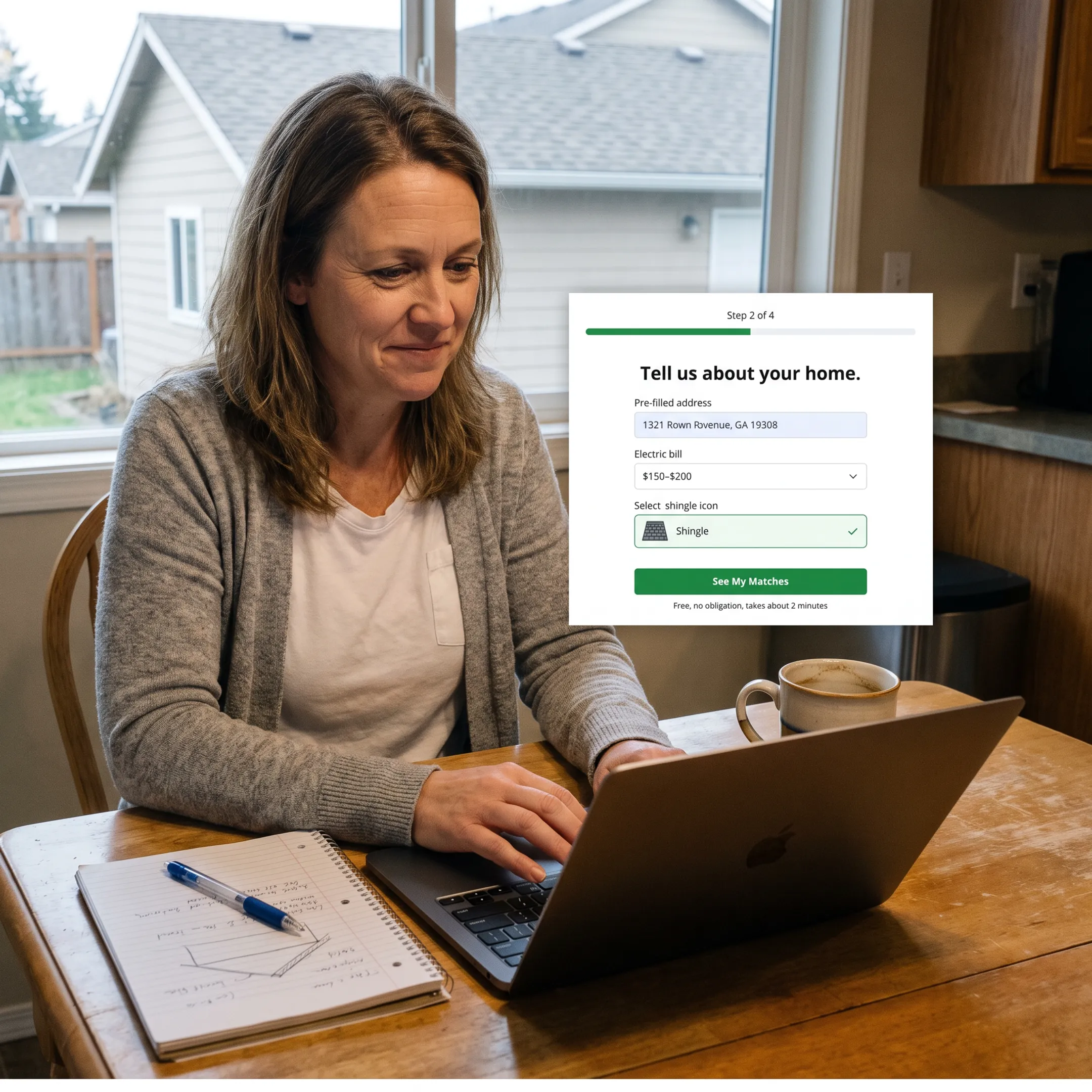 Homeowner completing an online solar quote matching form