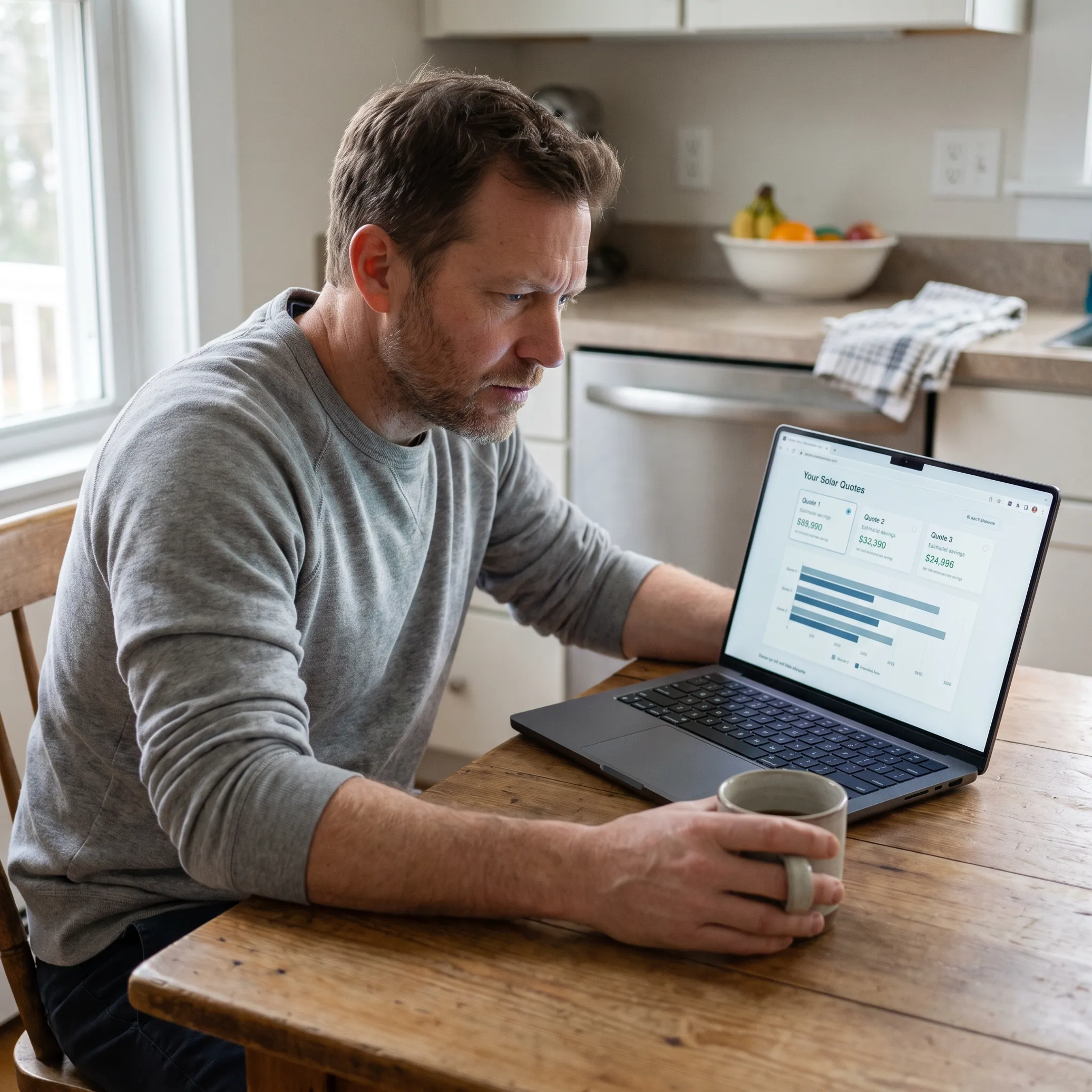 Rhode Island homeowner reviewing residential solar contractor quotes at home