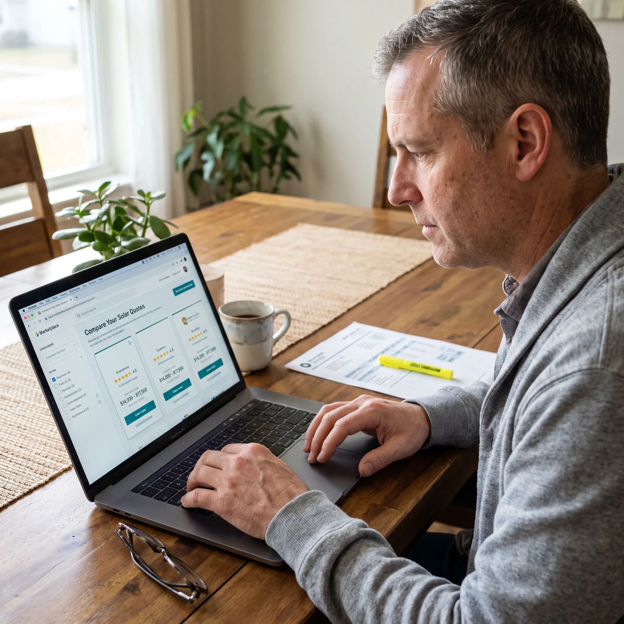 Homeowner comparing solar contractor matches on a computer