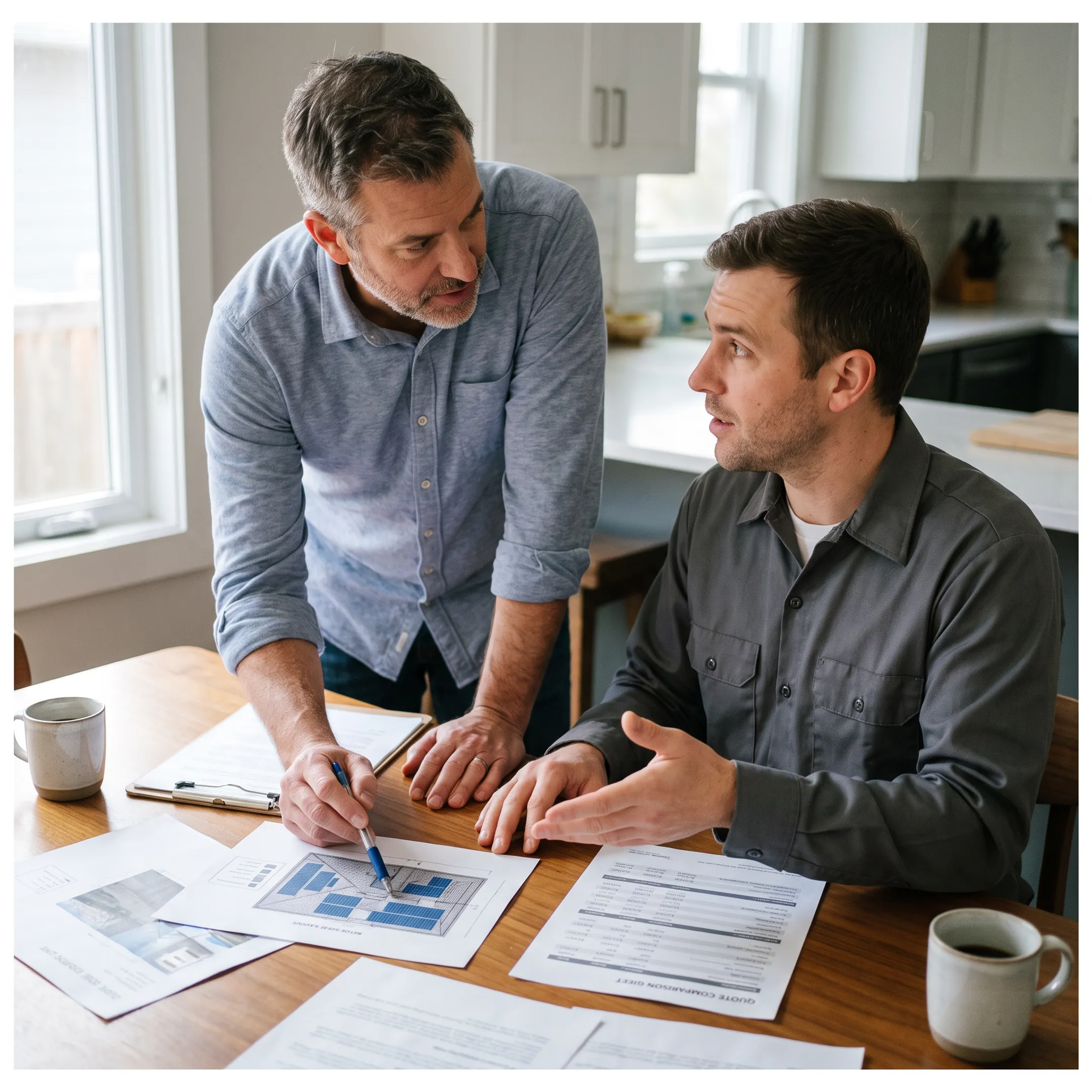 Homeowner reviewing solar installation quotes with a contractor