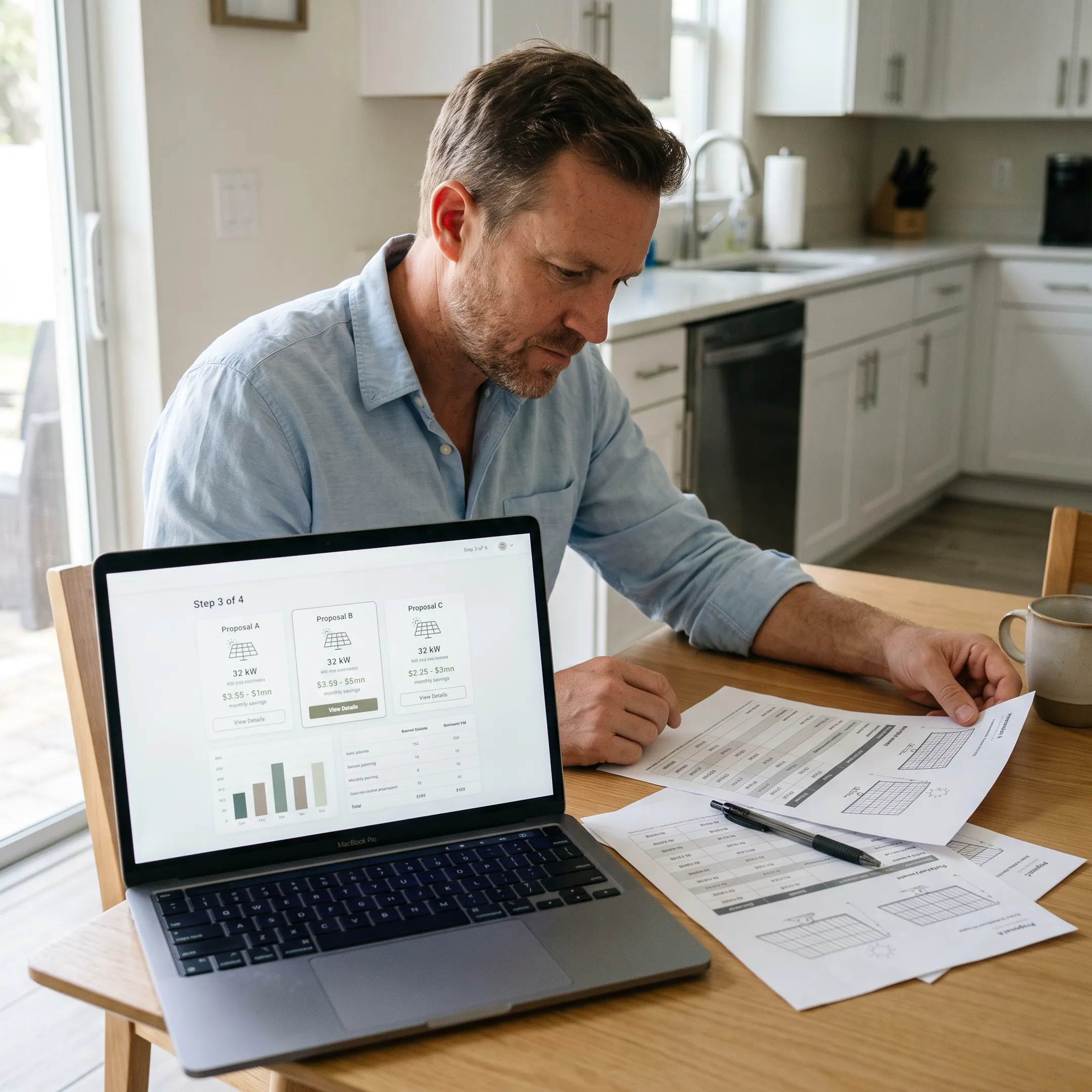 Homeowner comparing solar contractor proposals at a kitchen table