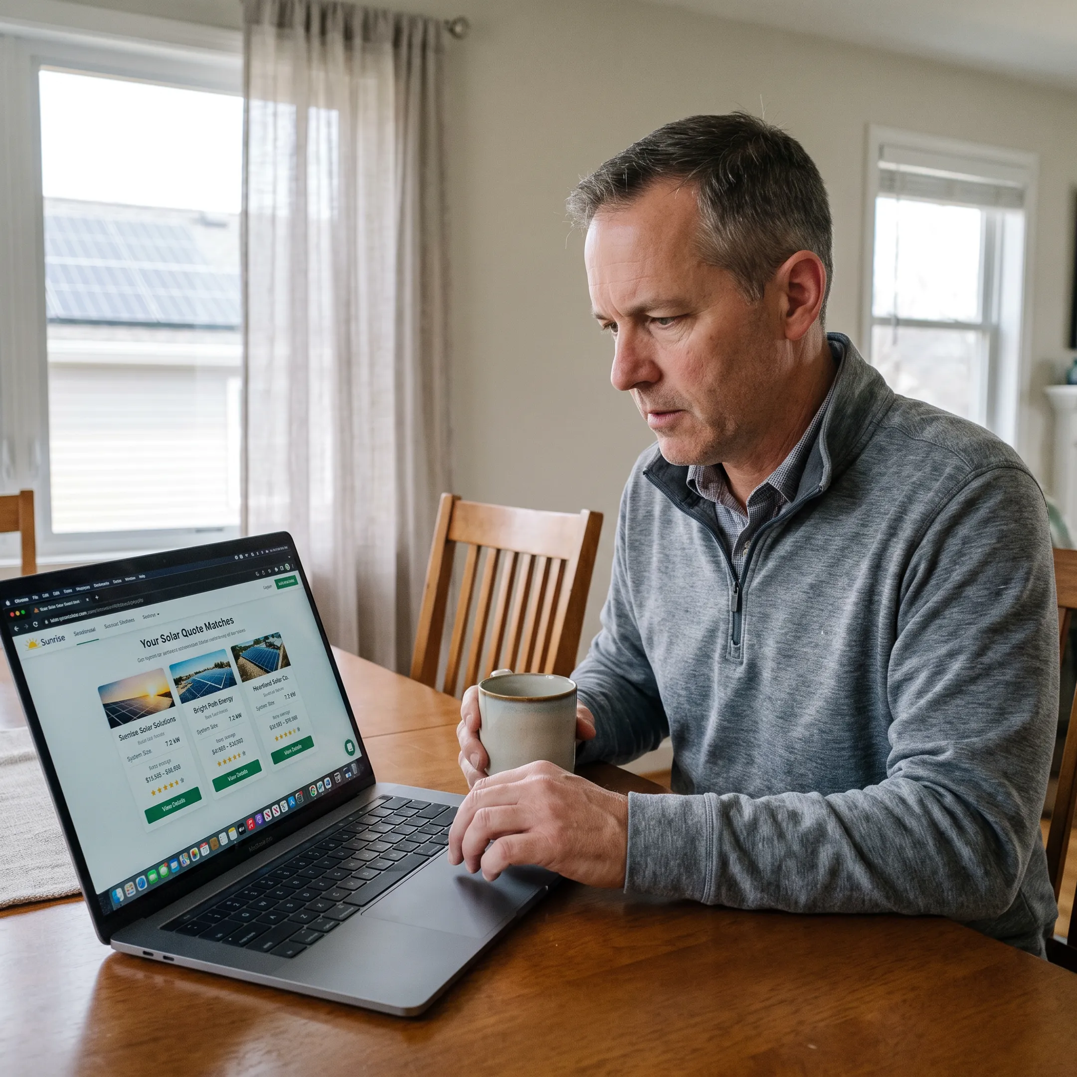 Illinois homeowner reviewing solar contractor quote options online