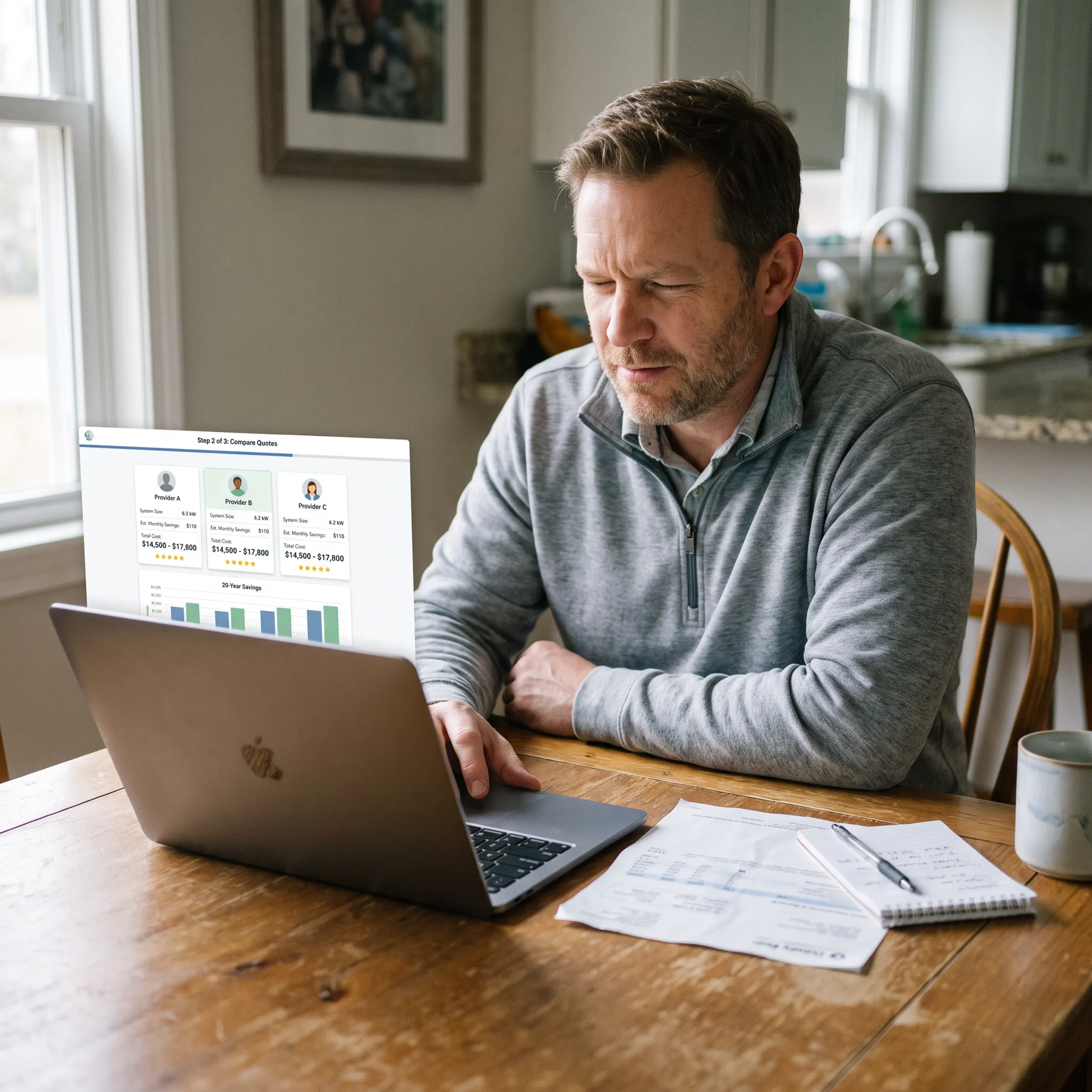 Oregon homeowner reviewing solar installation contractor options at home