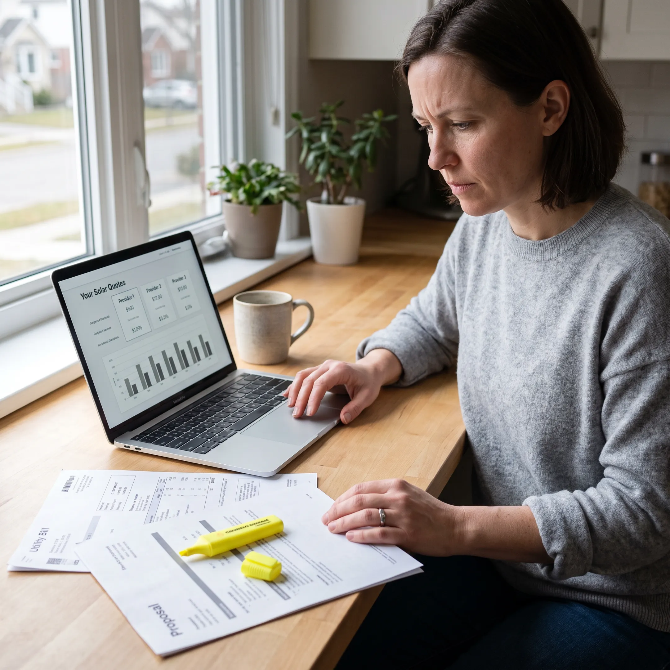 Homeowner comparing solar contractor proposals on a laptop