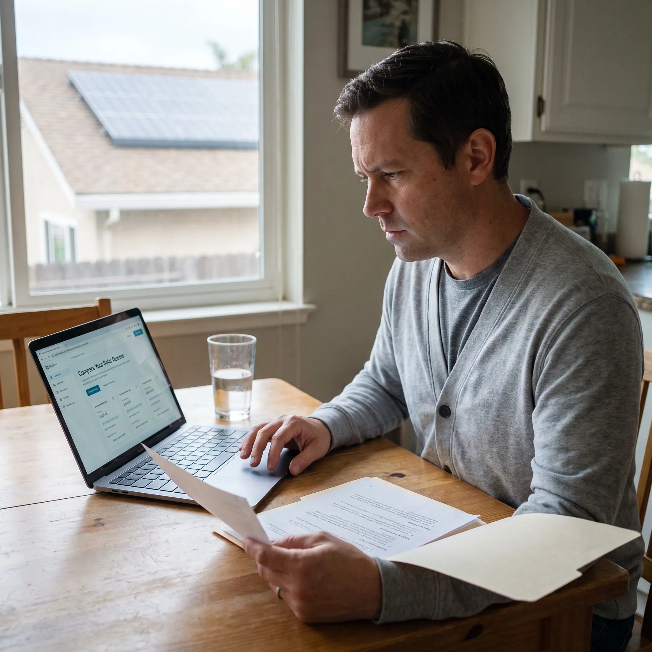 Homeowner reviewing solar contractor quotes at a kitchen table in Sacramento