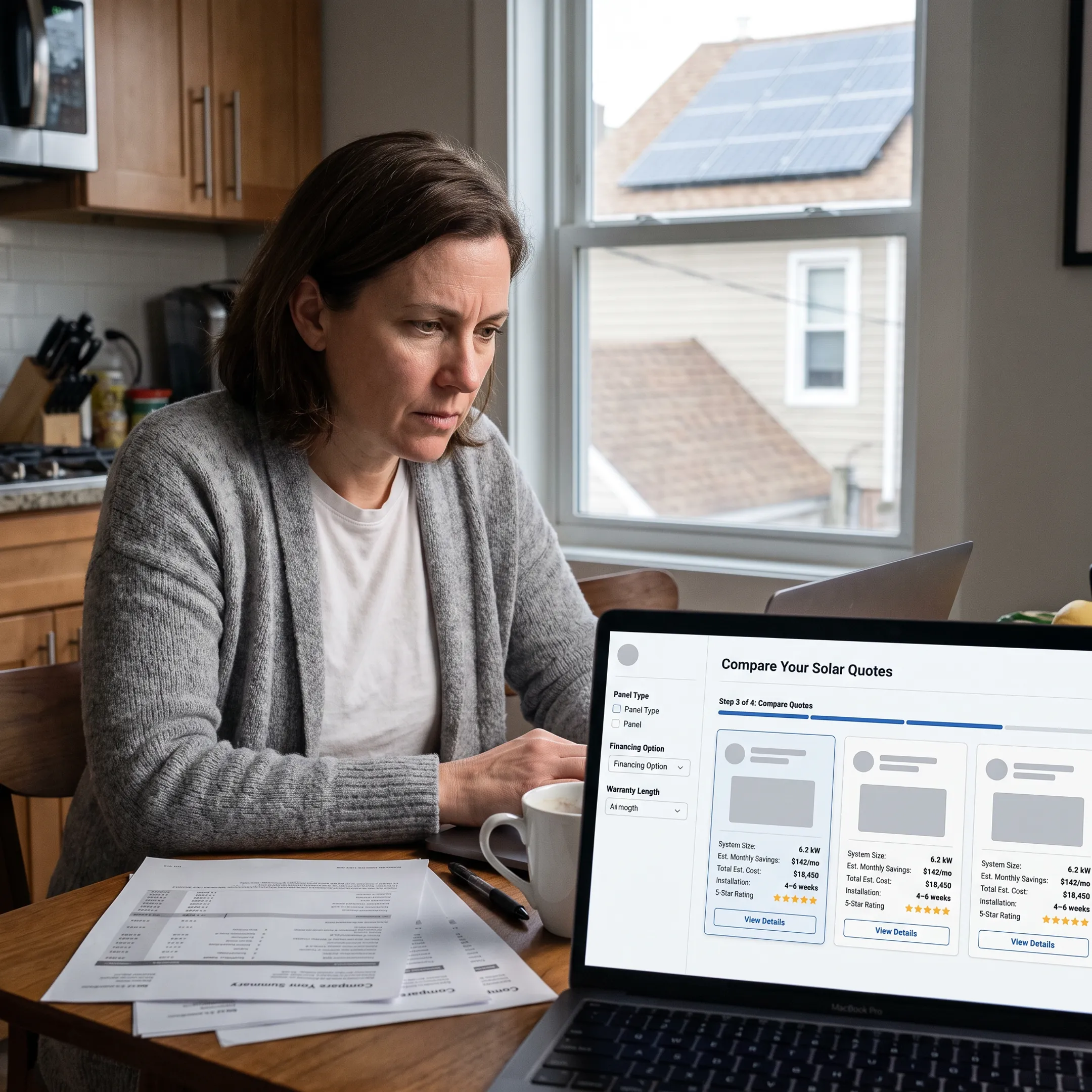 Brooklyn homeowner reviewing solar installation quotes with a contractor