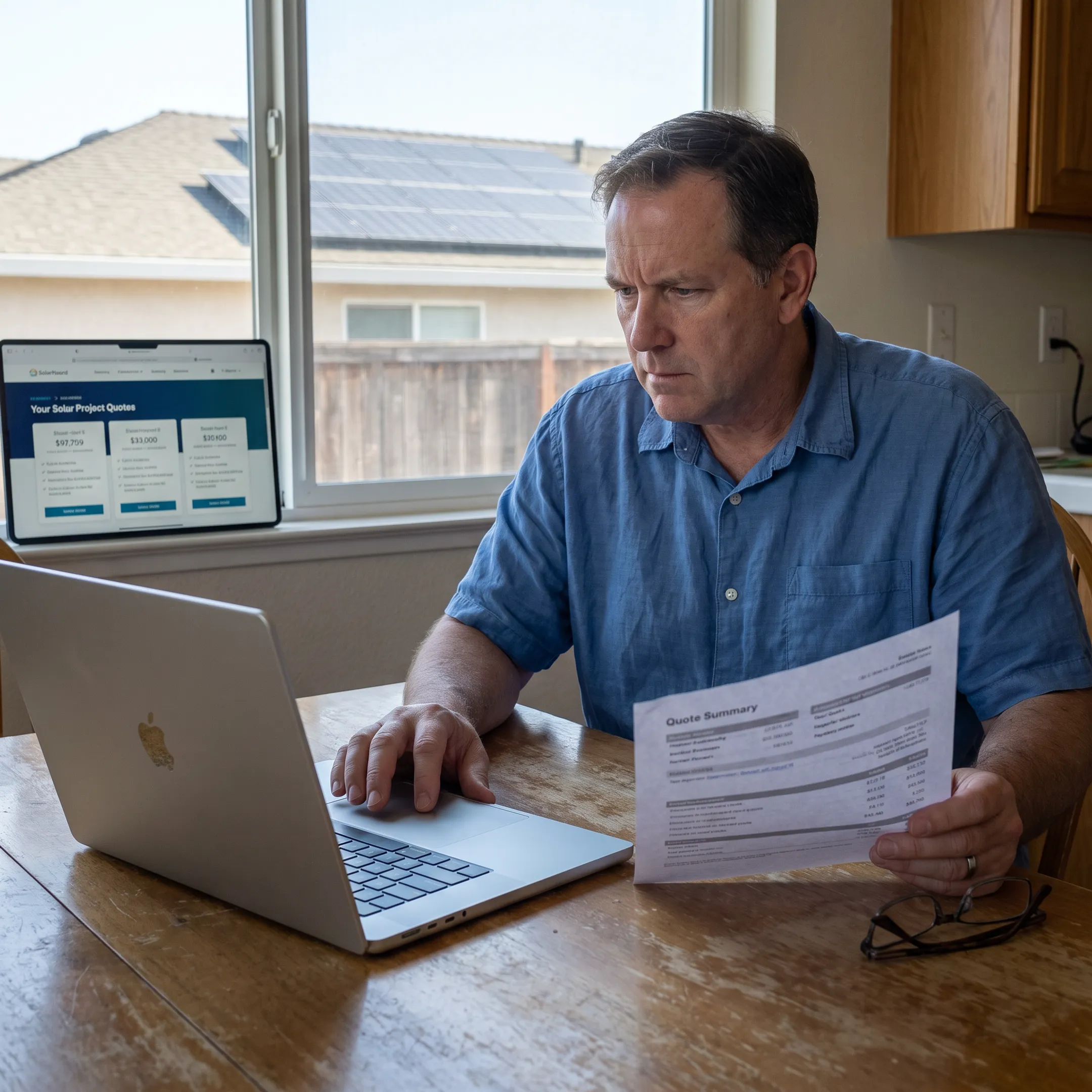 Homeowner reviewing solar contractor quote options at home