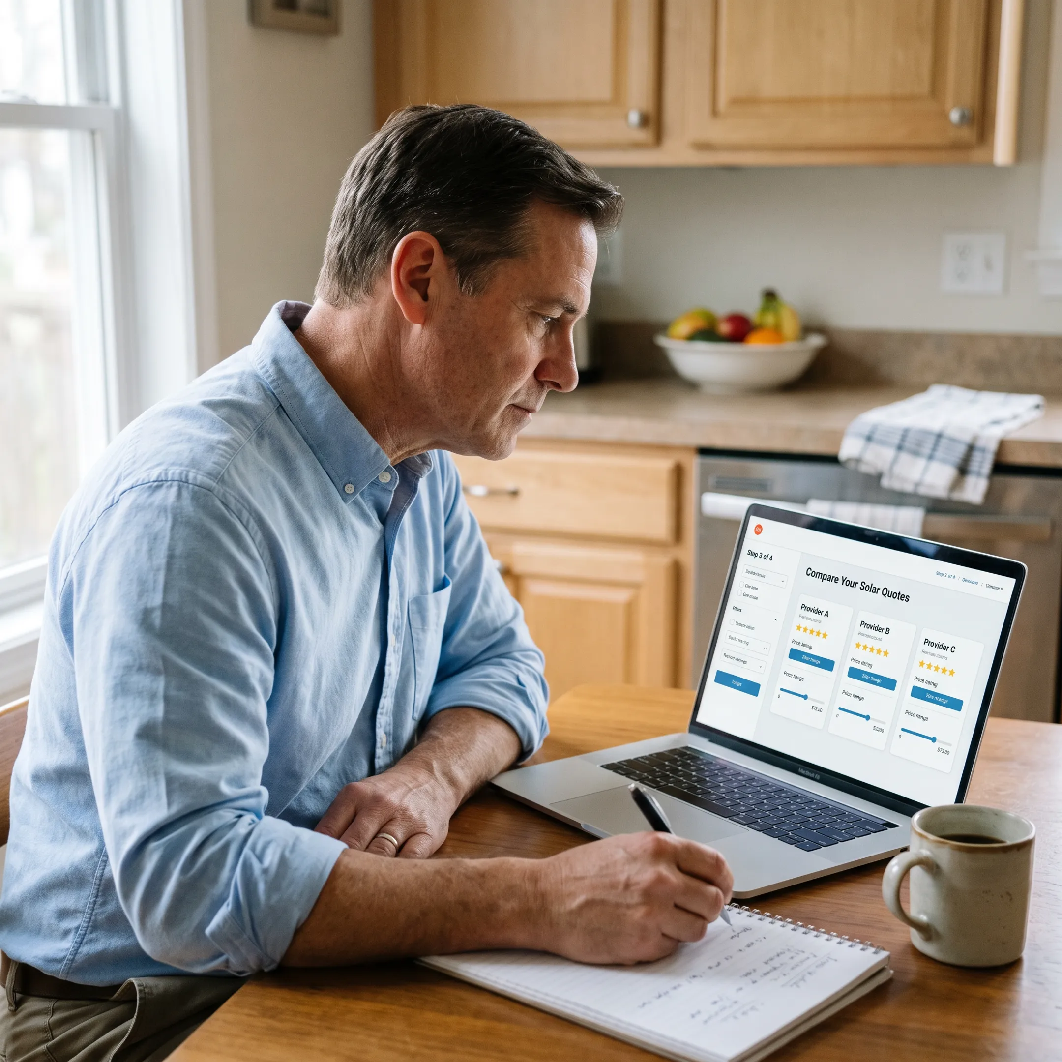 Homeowner comparing solar contractor matches online