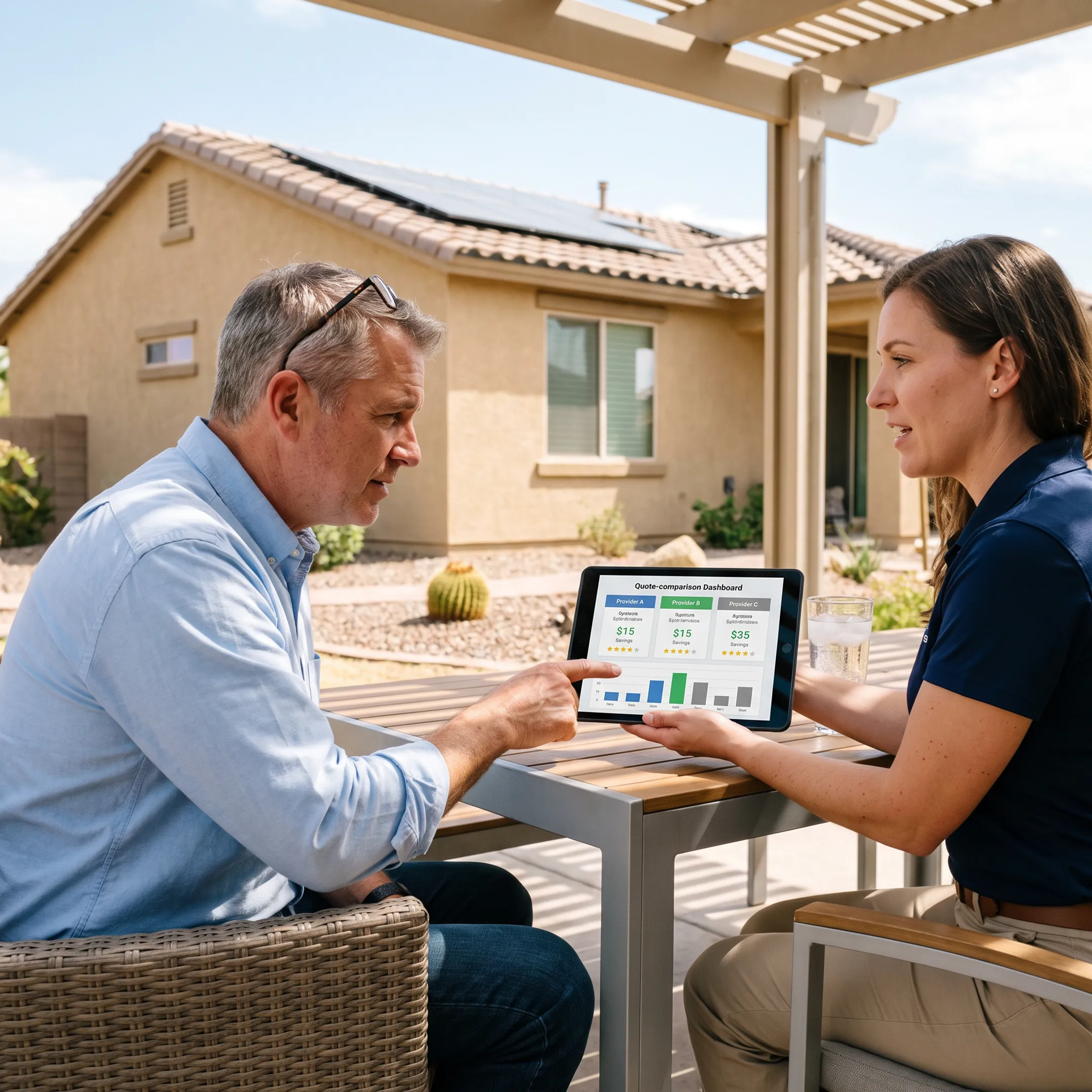 Homeowner reviewing solar installation quote options with a contractor at a Las Vegas home