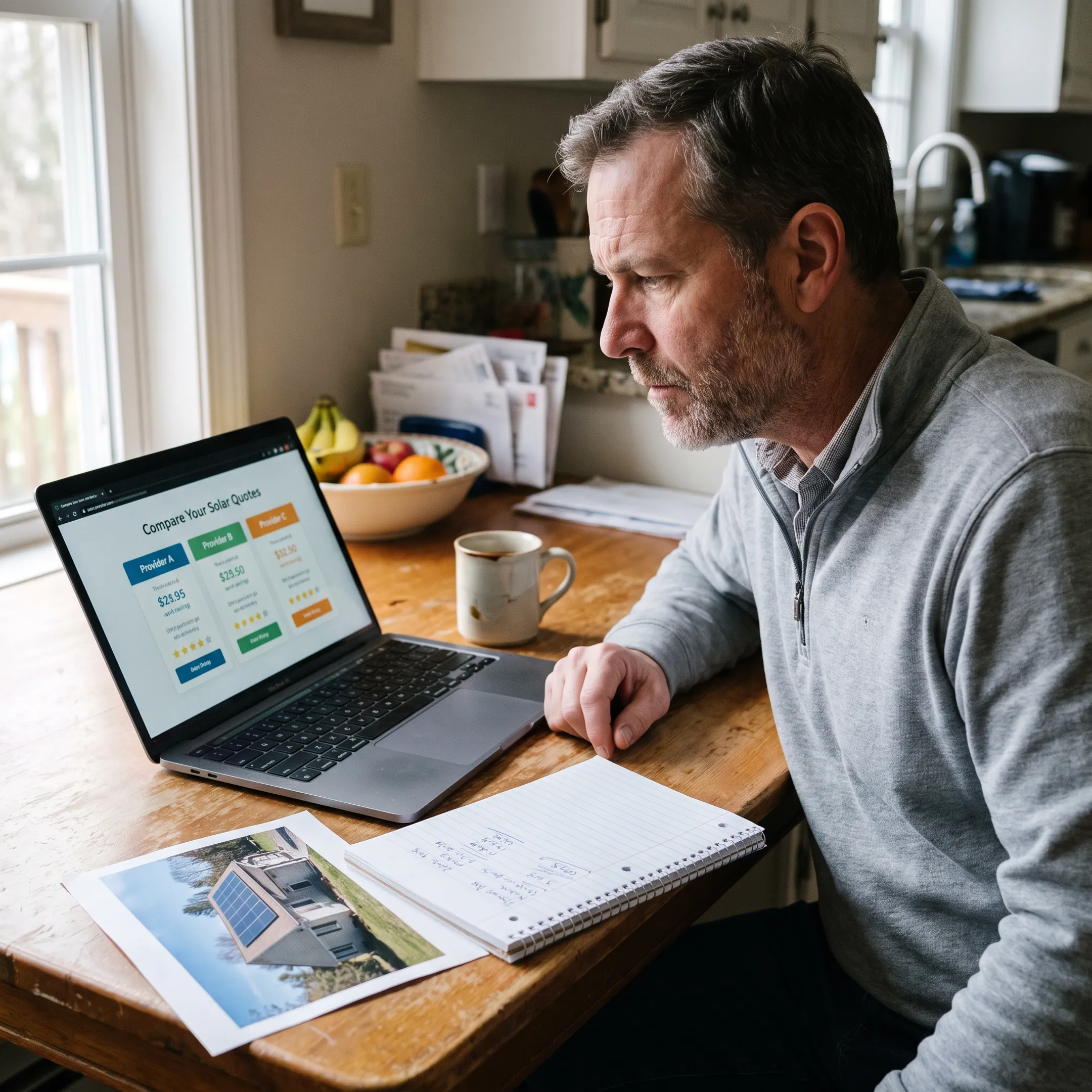 Homeowner comparing solar contractor quotes online