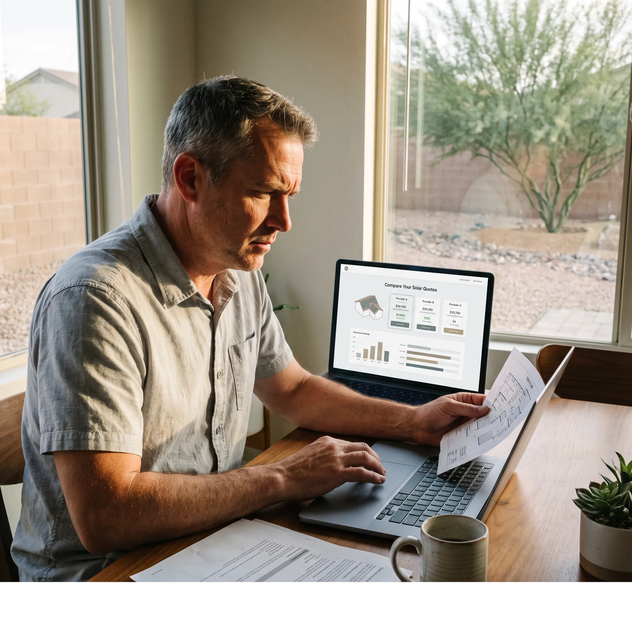 Las Vegas homeowner comparing solar contractor options on a laptop