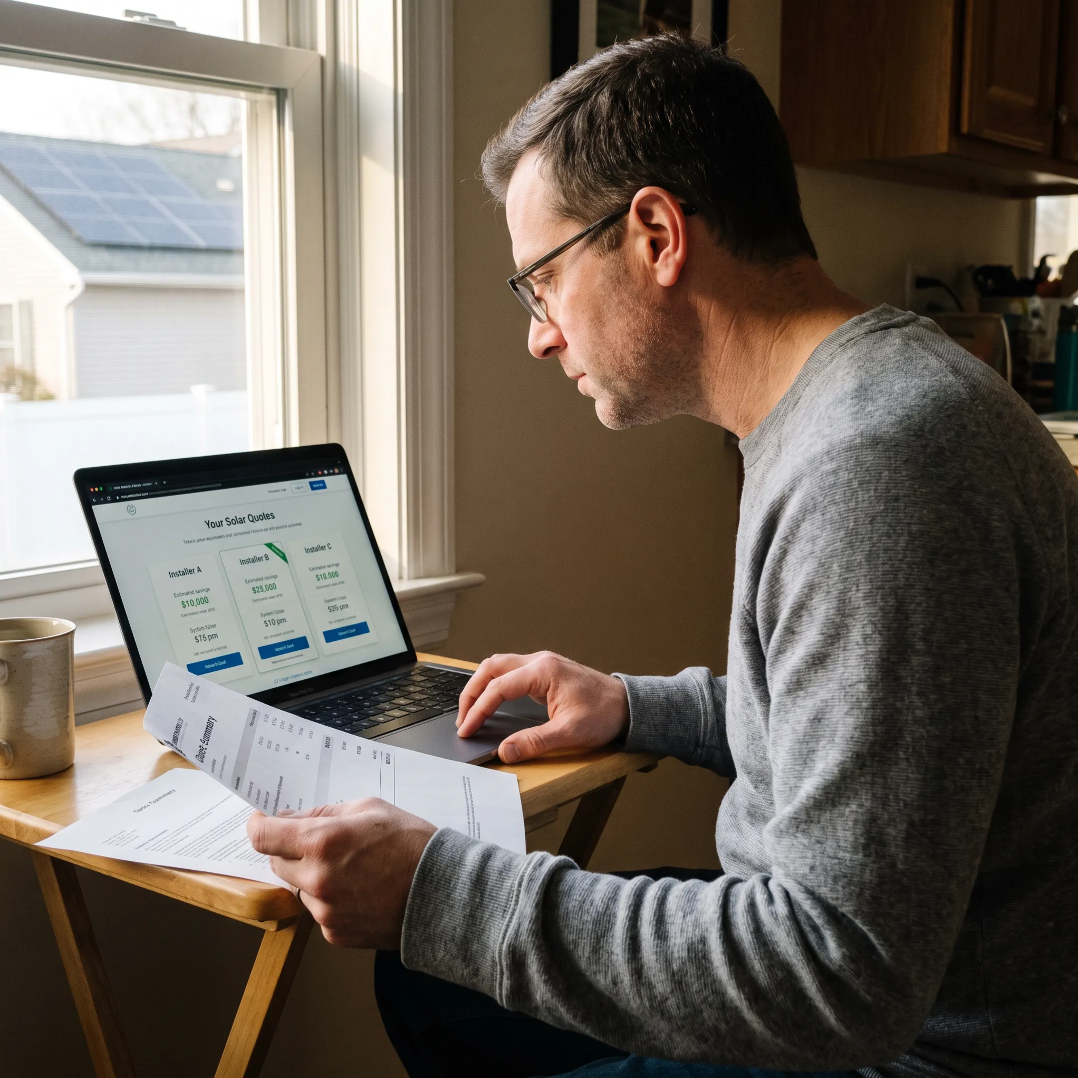 New Jersey homeowner reviewing solar contractor quote options at home