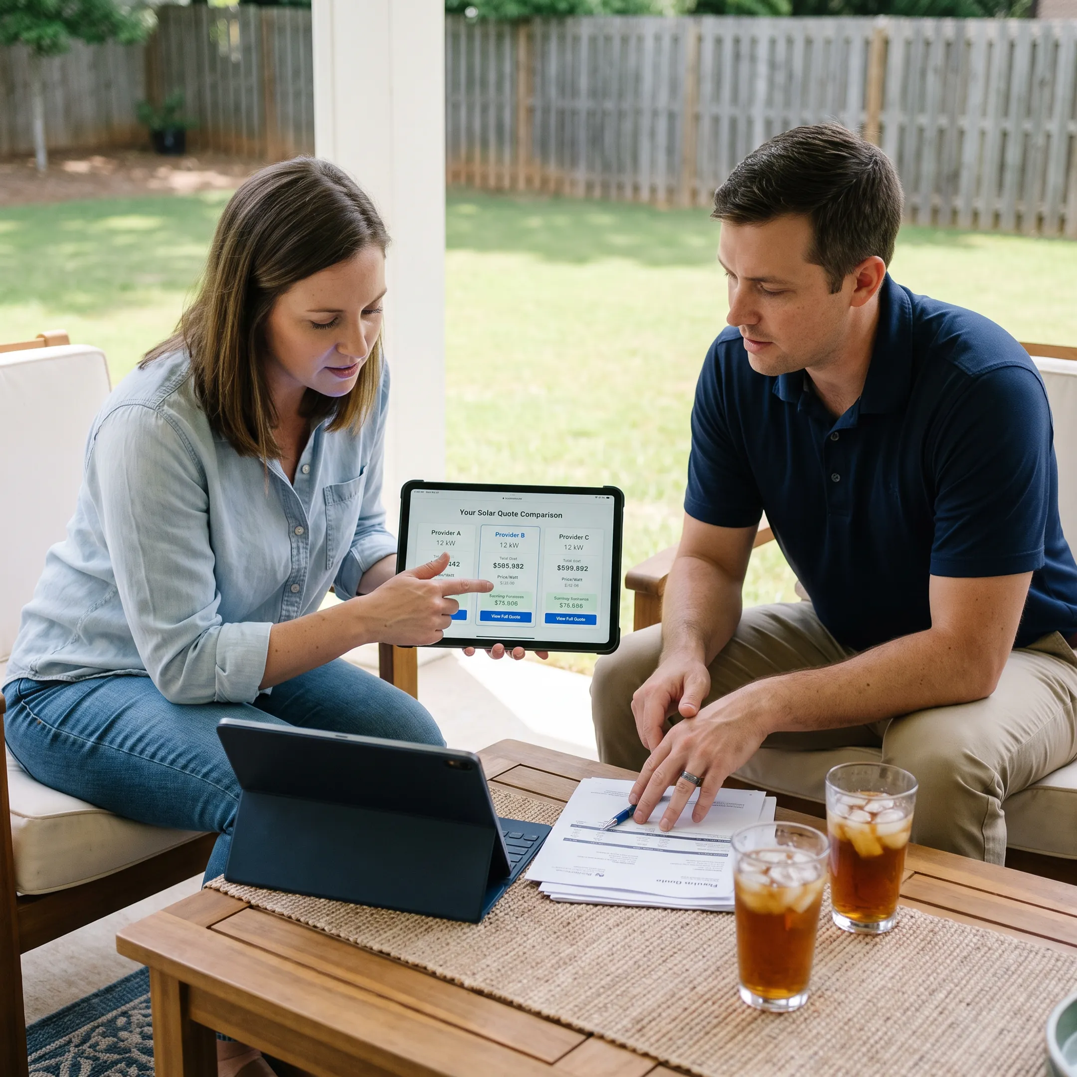 Atlanta homeowner reviewing solar installation quotes with a contractor