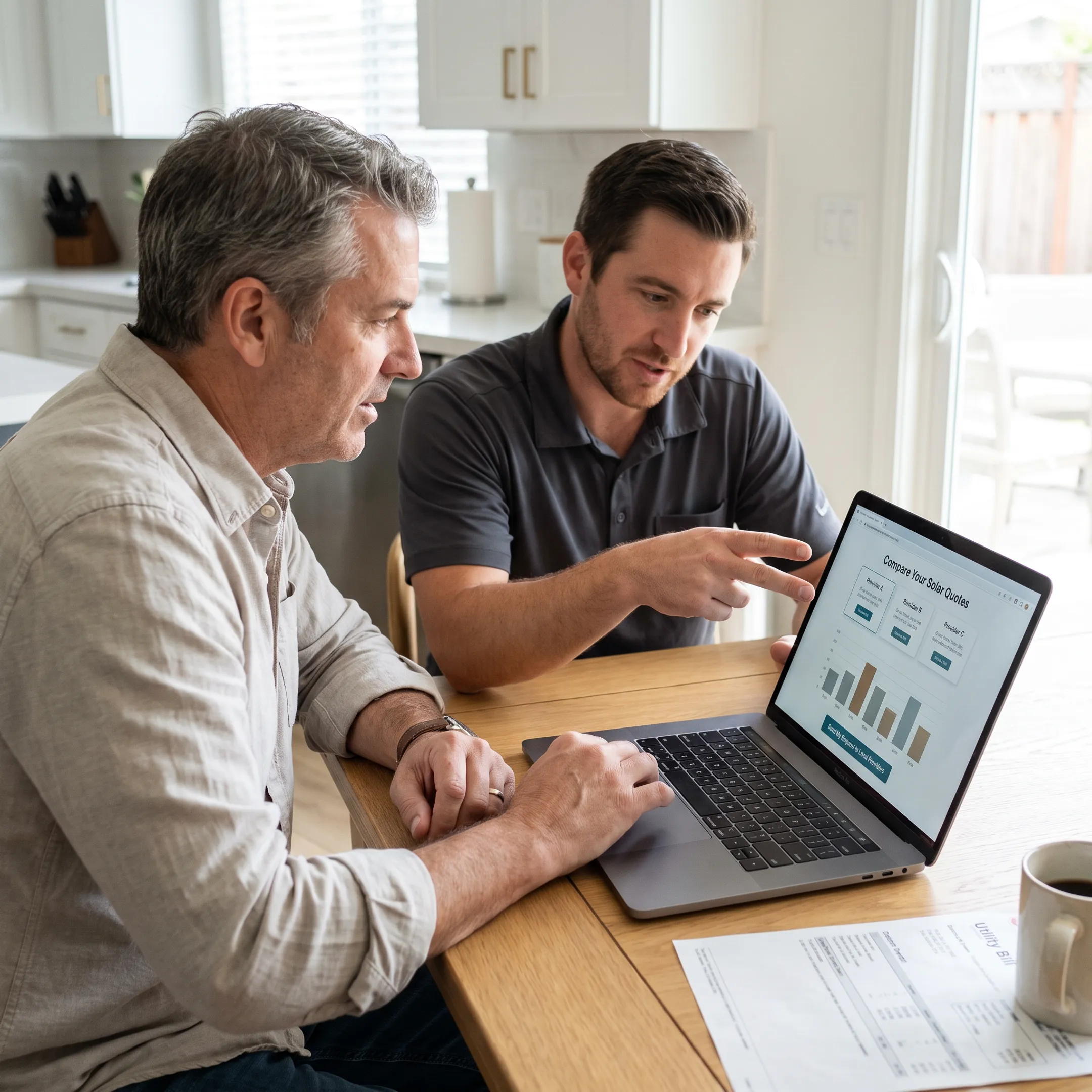 Fresno homeowner reviewing solar contractor quotes with a professional