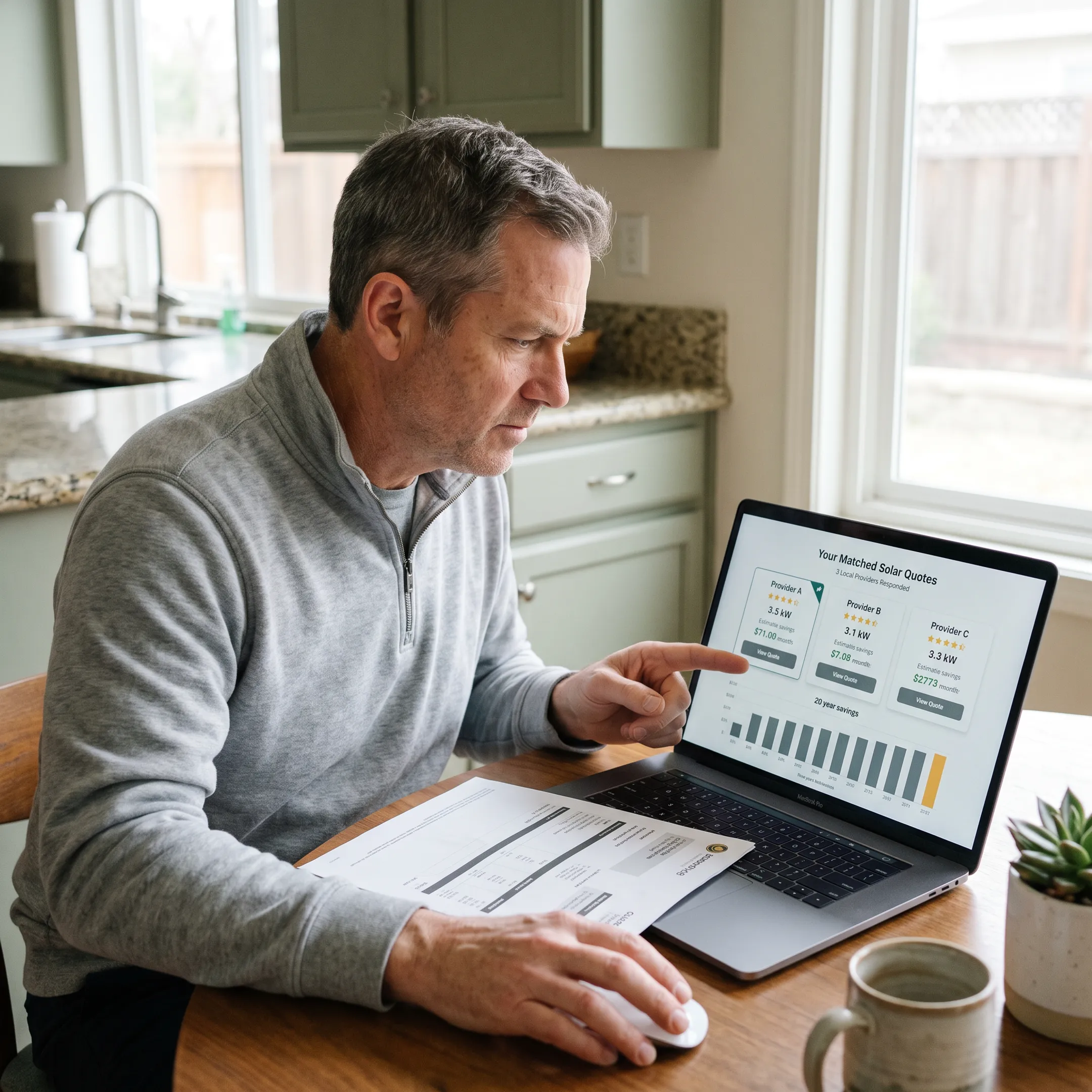 Homeowner comparing solar contractor matches online