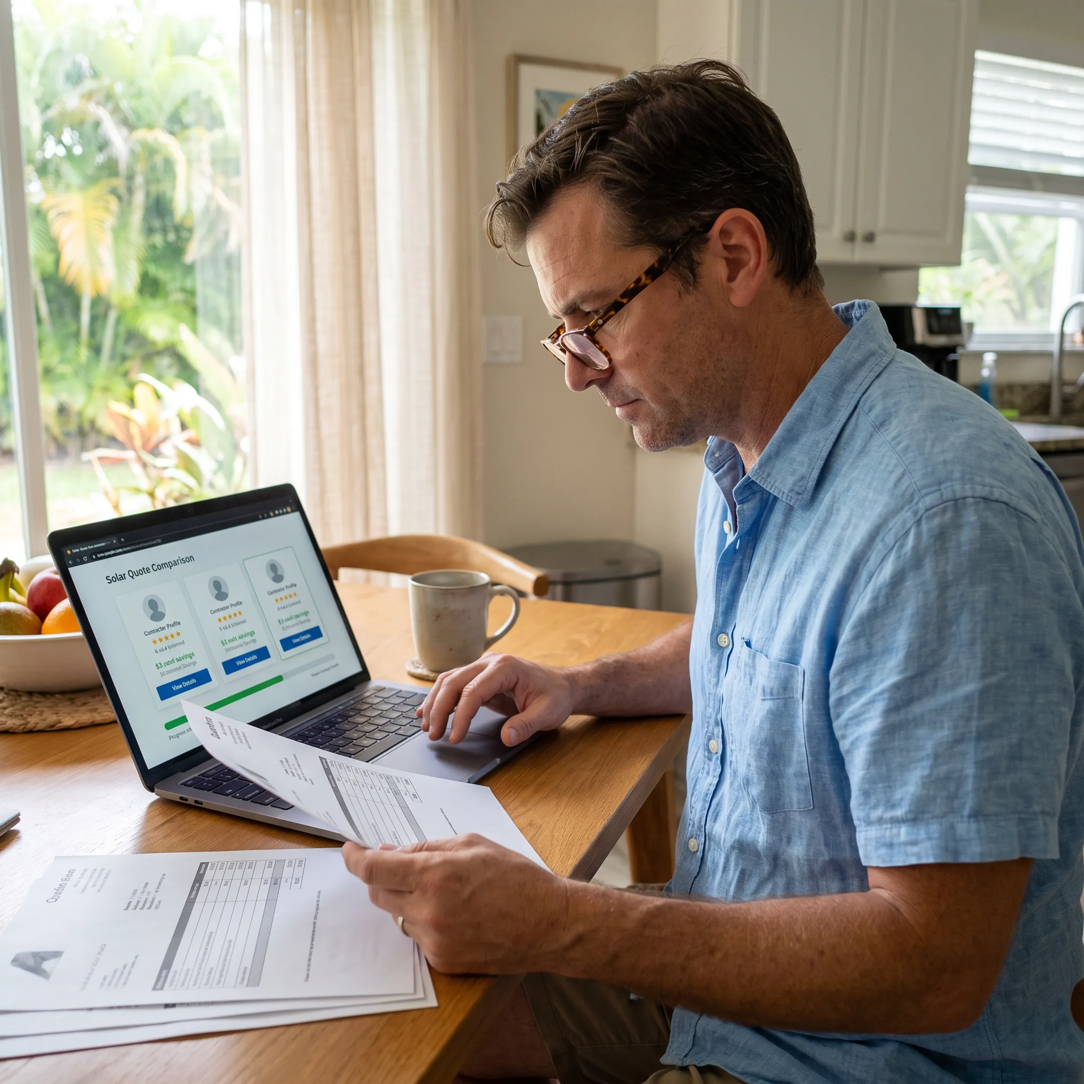 Fort Myers homeowner reviewing solar contractor quote options on a laptop