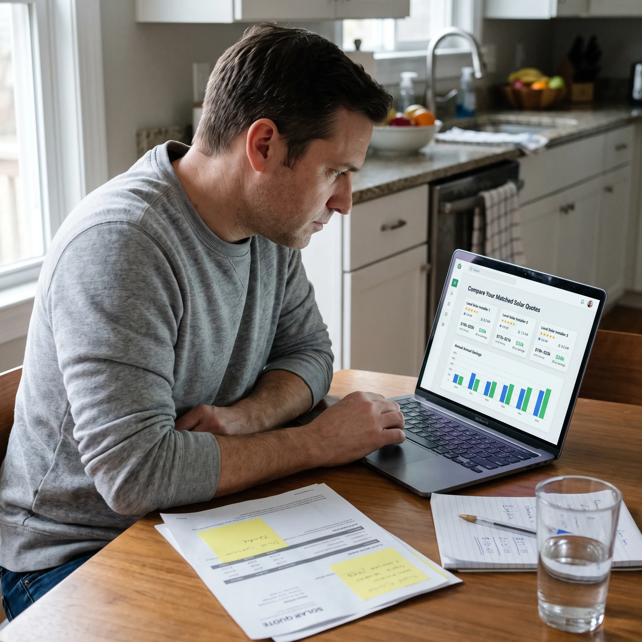 Homeowner comparing solar contractor matches online