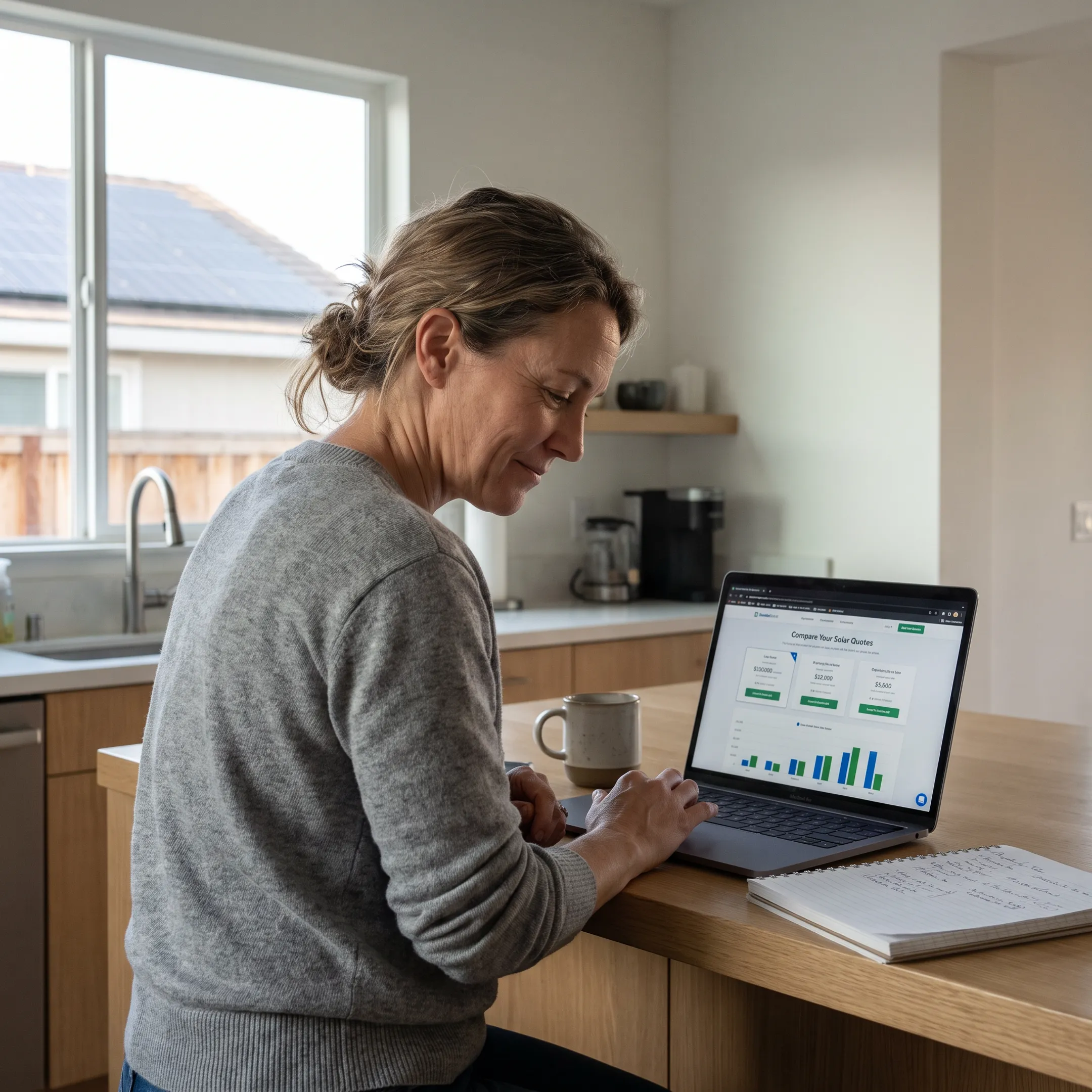 Bay Area homeowner reviewing solar installation contractor quotes at home