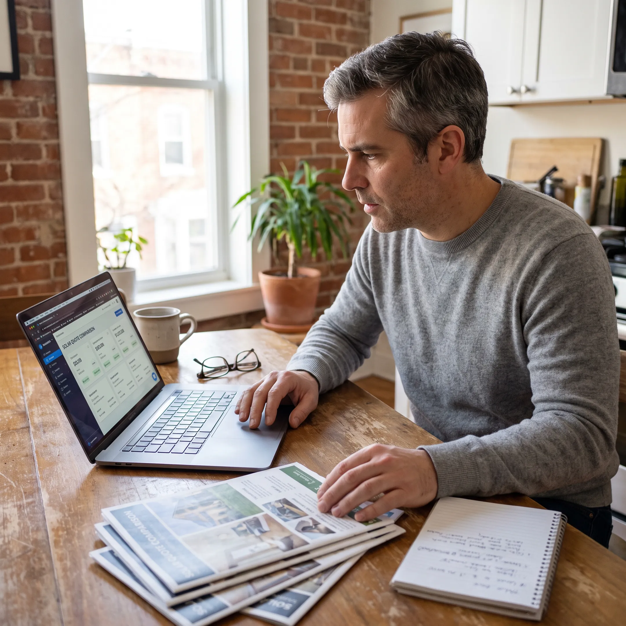 Homeowner reviewing solar contractor quote options at home