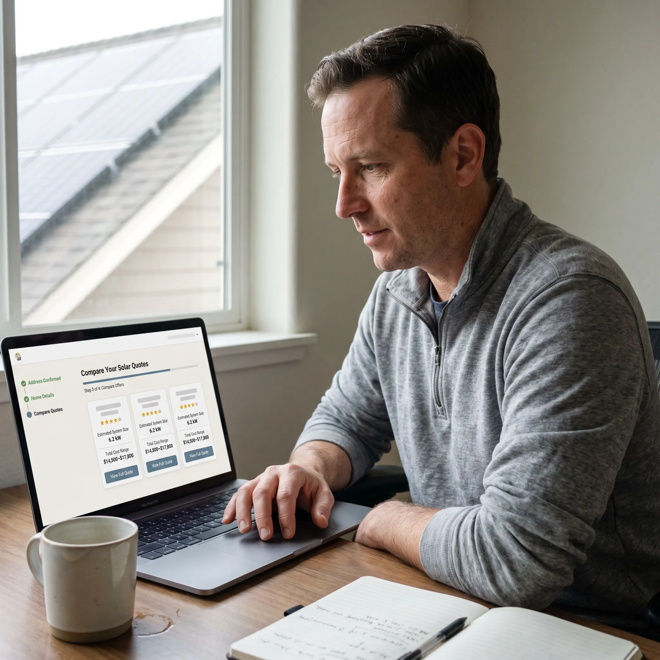 Homeowner comparing solar contractor quotes on a laptop