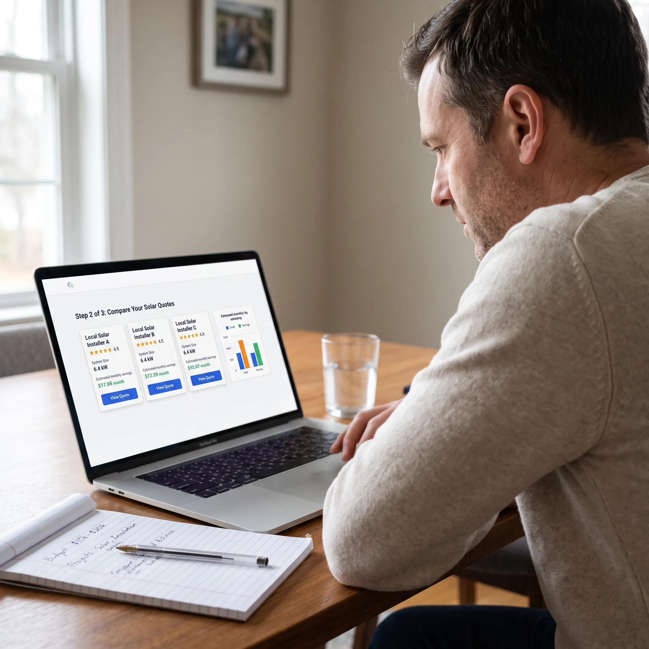 Homeowner comparing solar and roofing contractor options