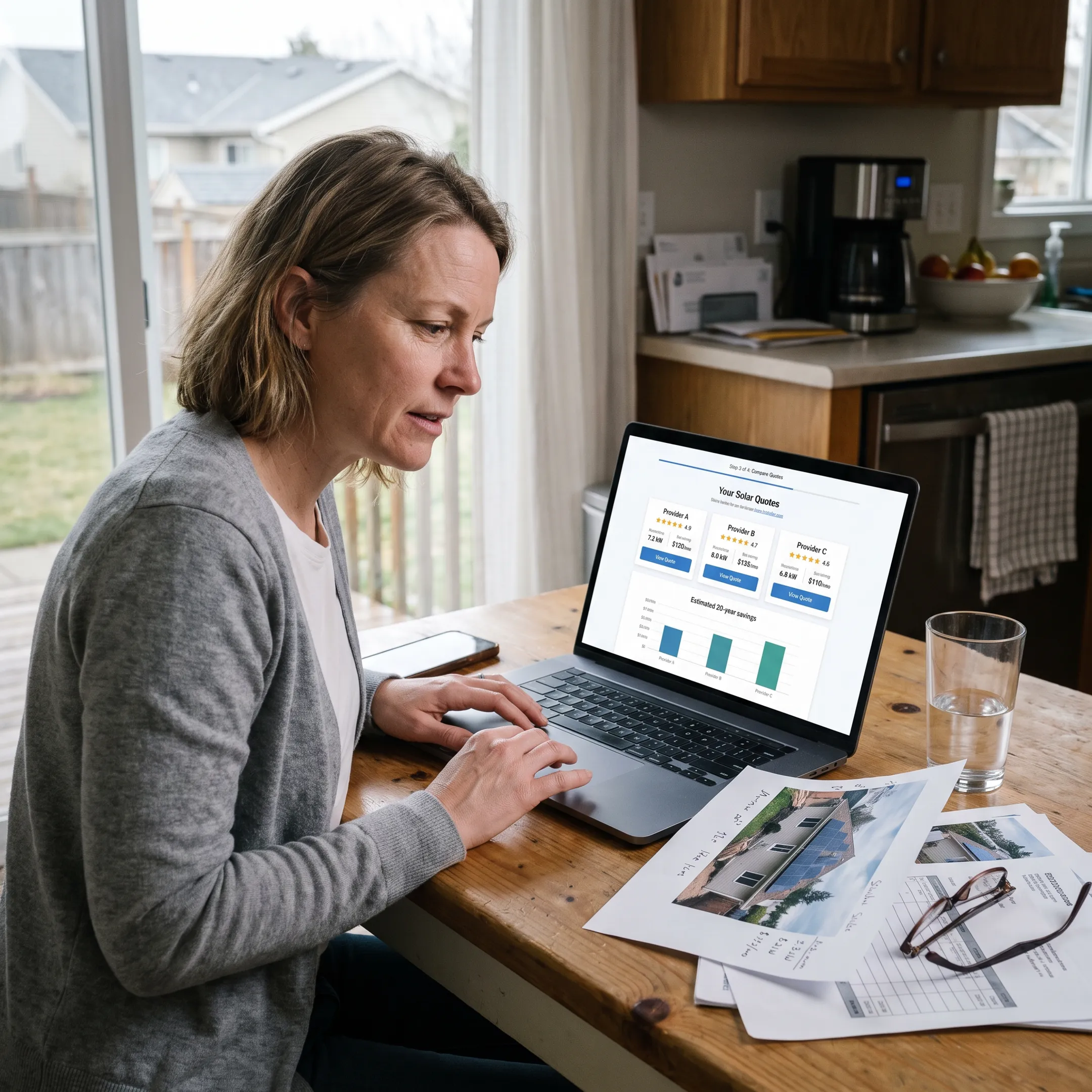 Homeowner reviewing solar contractor quote options