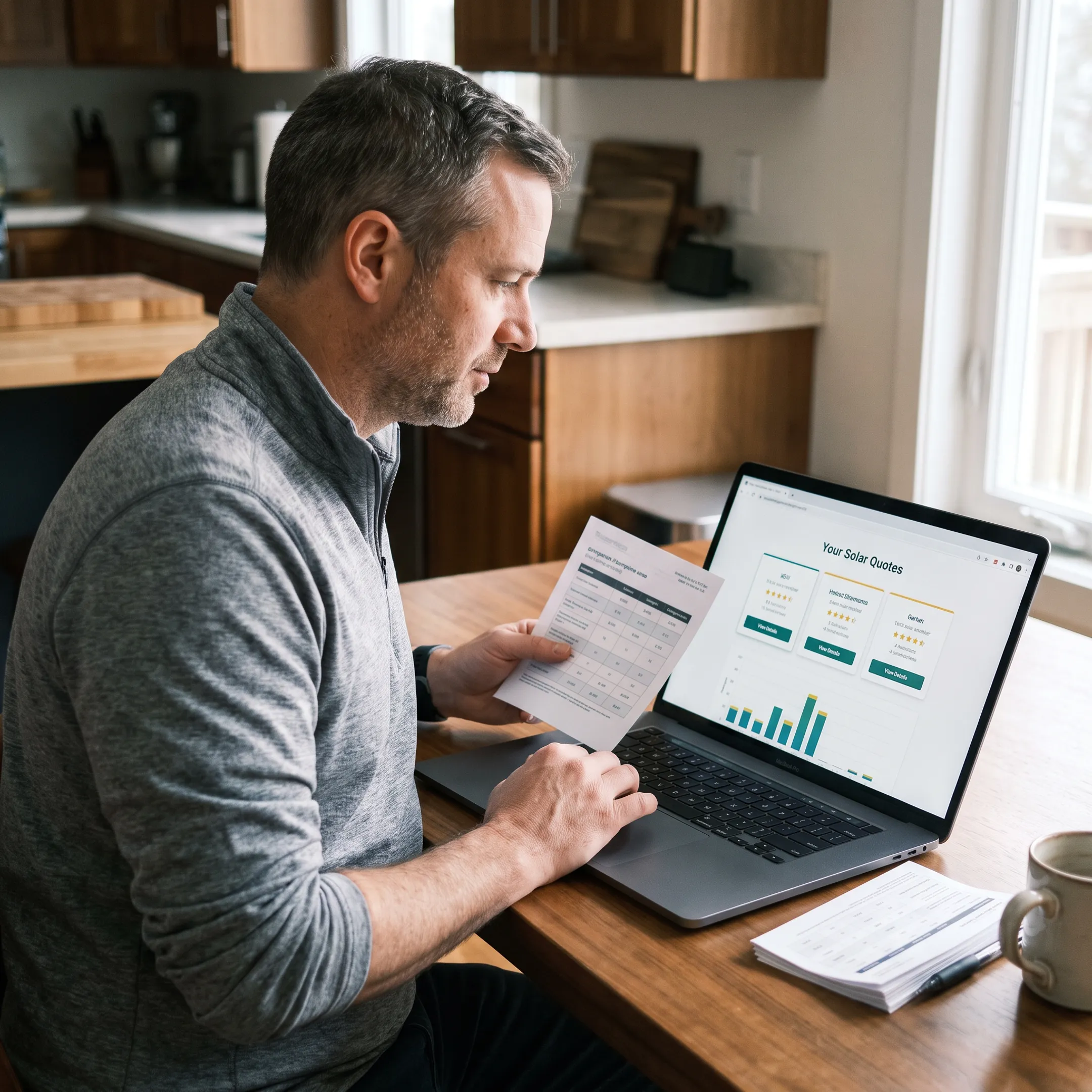 Homeowner comparing solar contractor quotes at a kitchen table