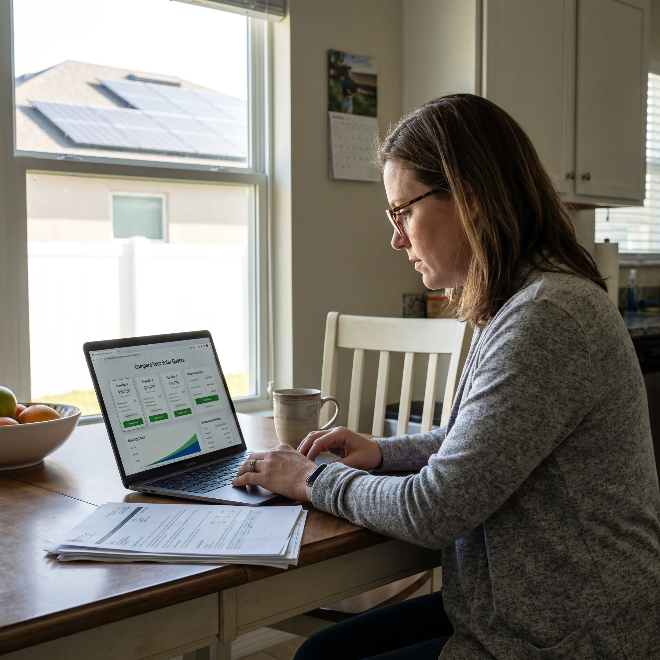 Homeowner comparing solar contractor proposals on a laptop