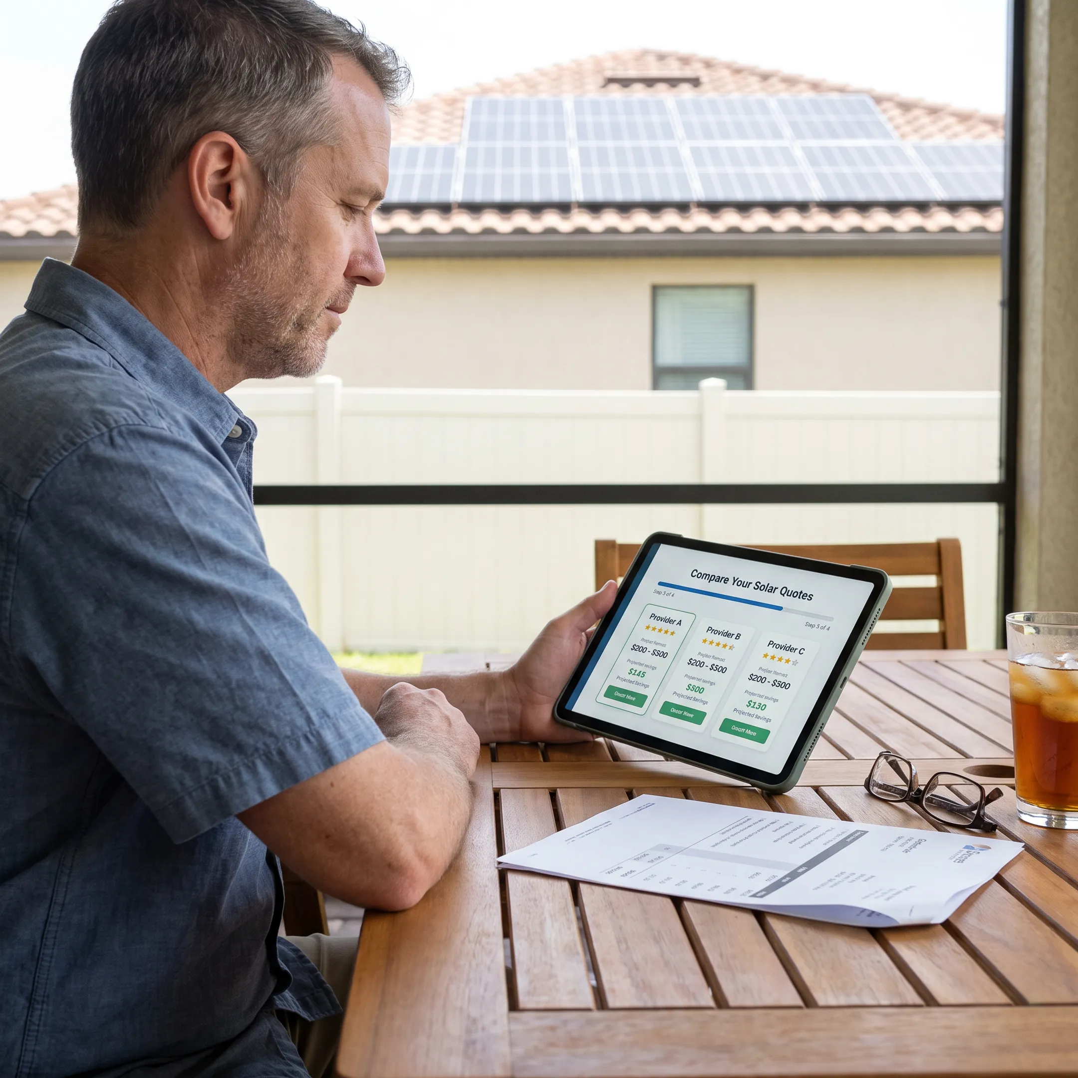 Florida homeowner reviewing solar installation quotes with rooftop panels visible