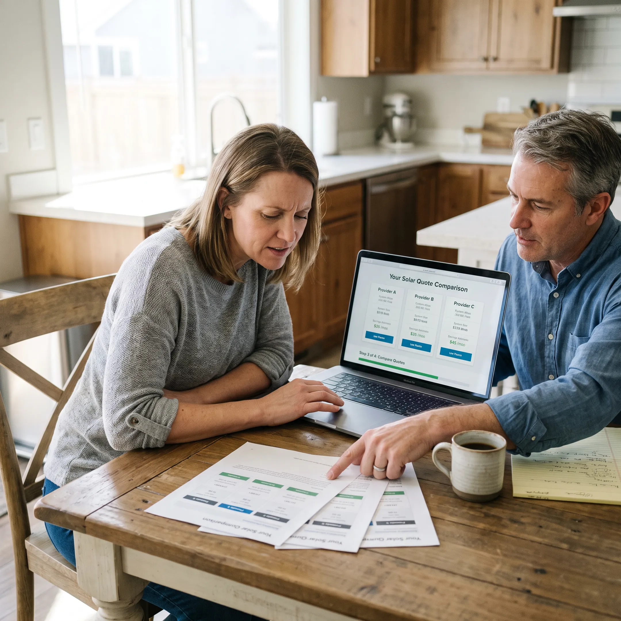 Homeowner comparing solar contractor proposals at a kitchen table