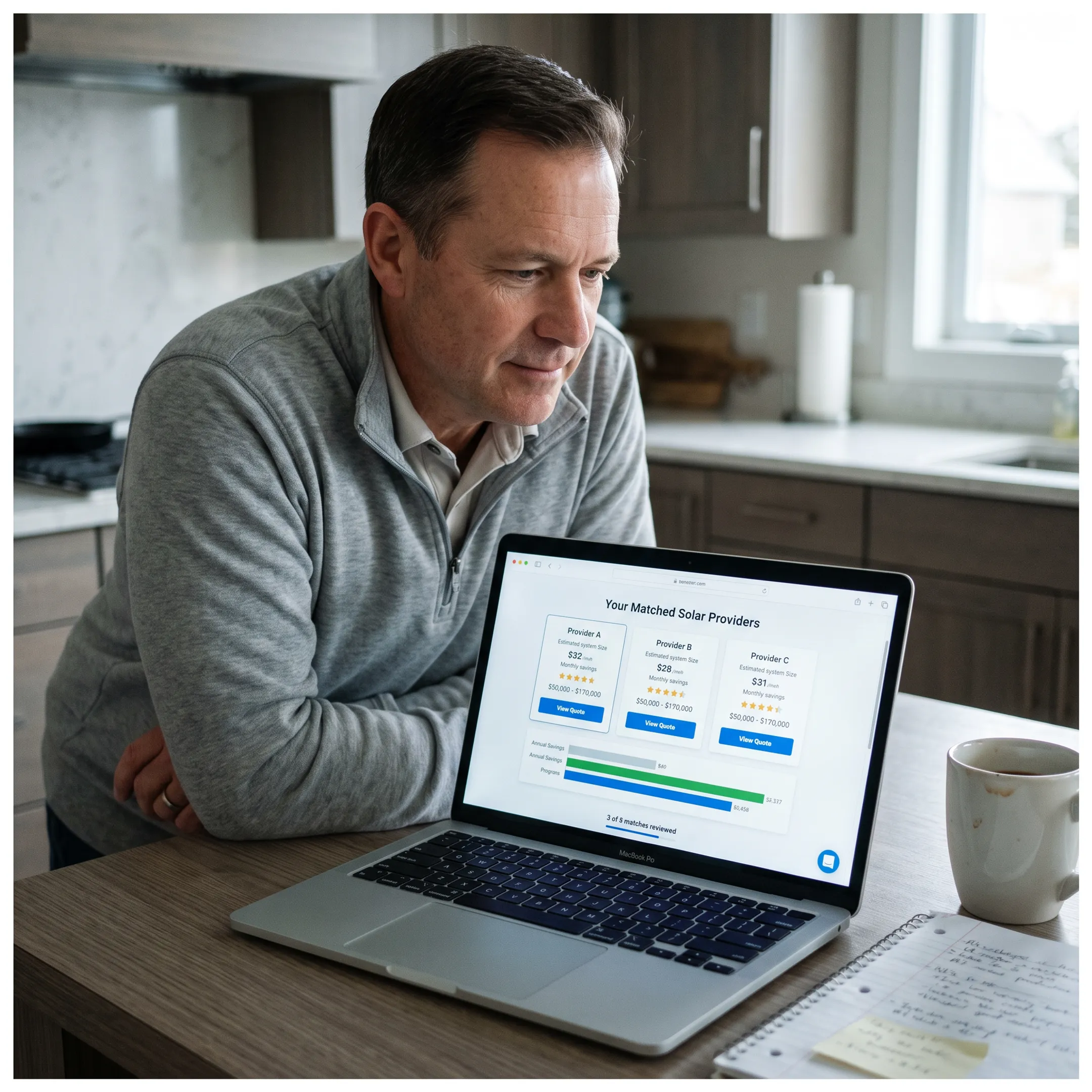 Homeowner comparing solar contractor options on a laptop