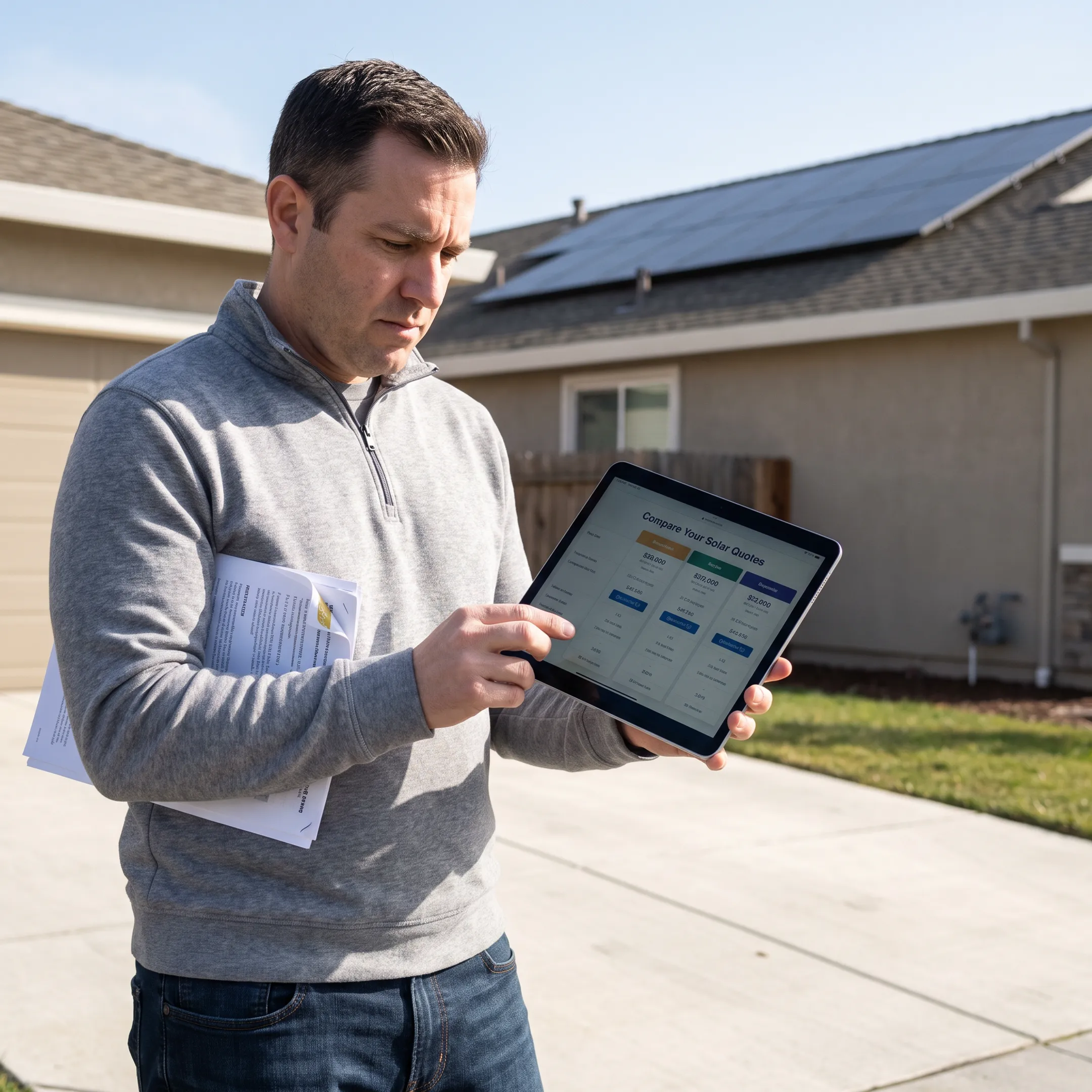 Homeowner reviewing solar installation quotes for a Rocklin home
