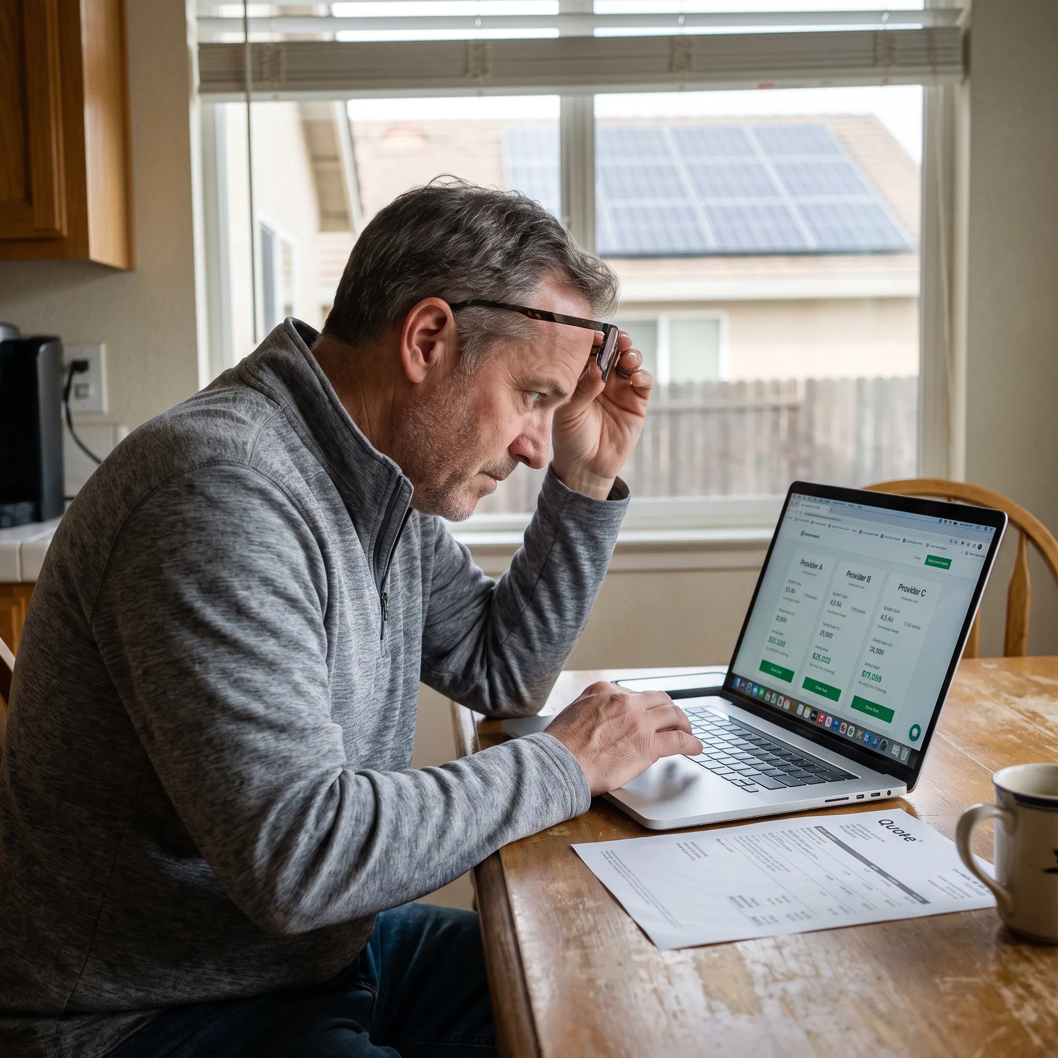 Homeowner reviewing solar contractor quote options for a Modesto home