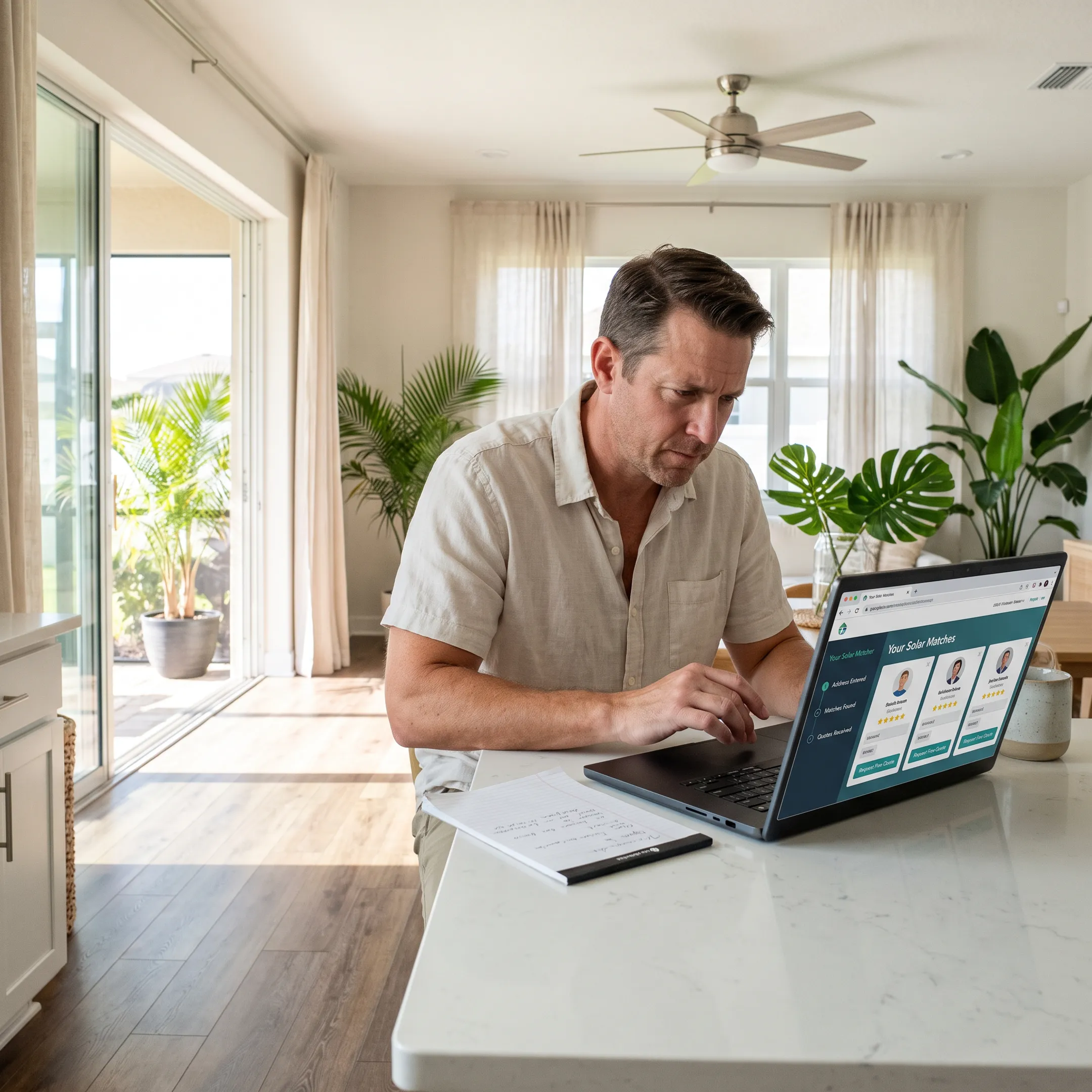 Homeowner comparing solar contractor options online