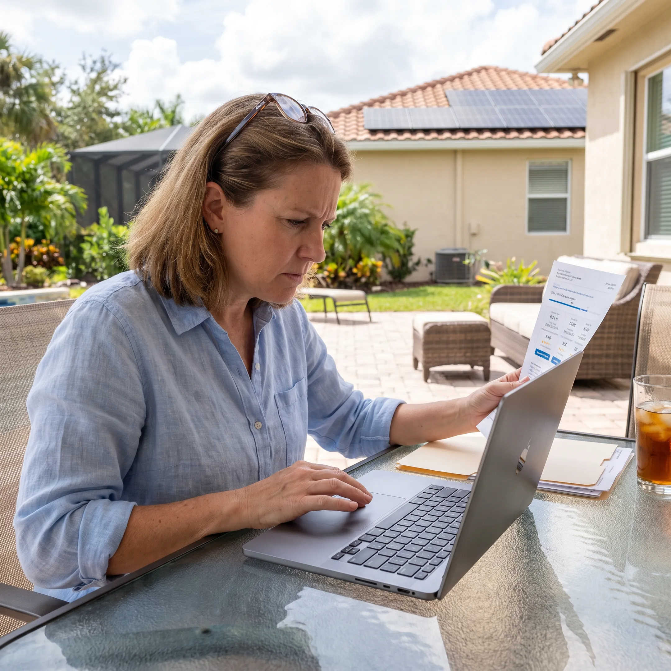 Homeowner reviewing solar contractor quotes for a Jacksonville home