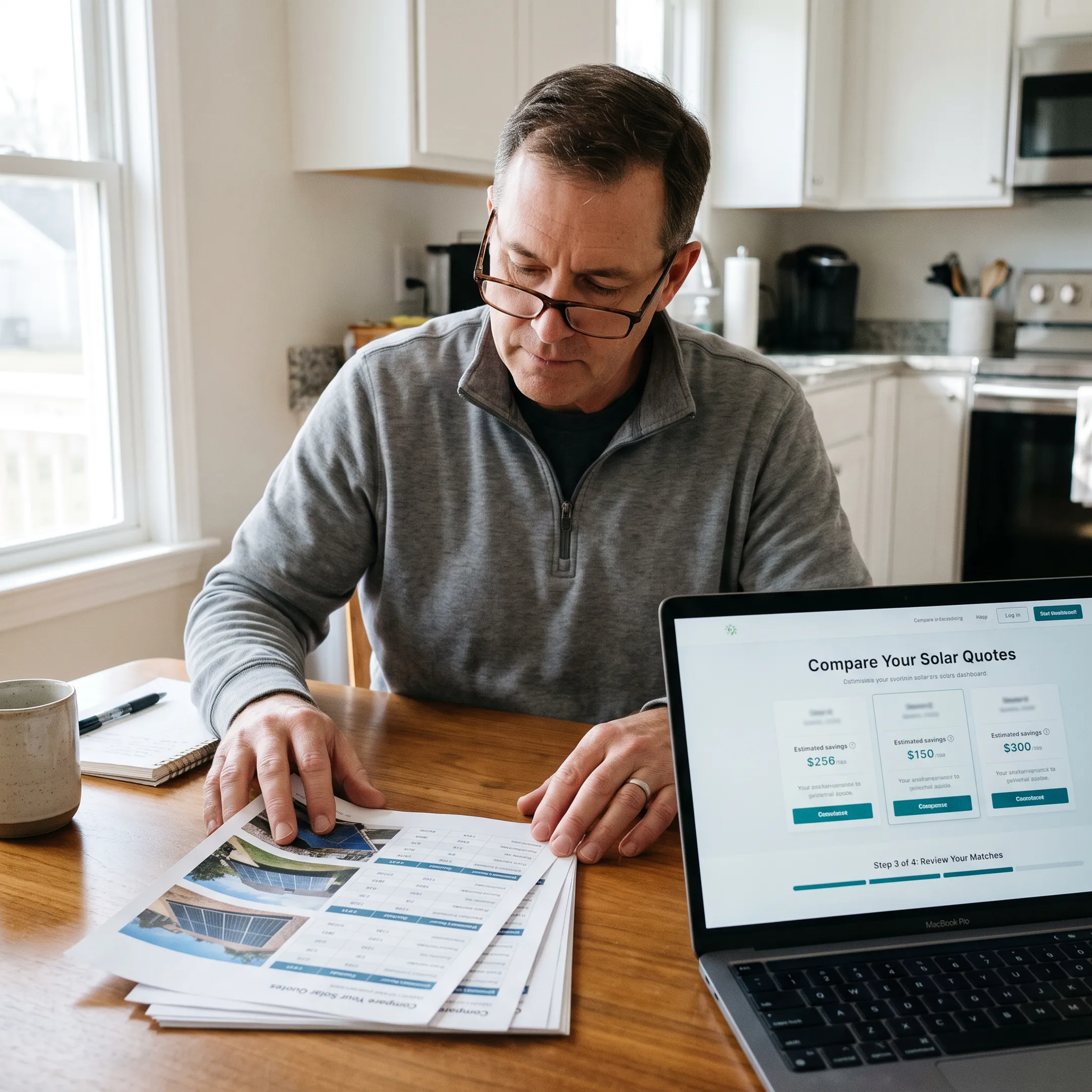 Homeowner reviewing solar contractor quotes for a residential installation