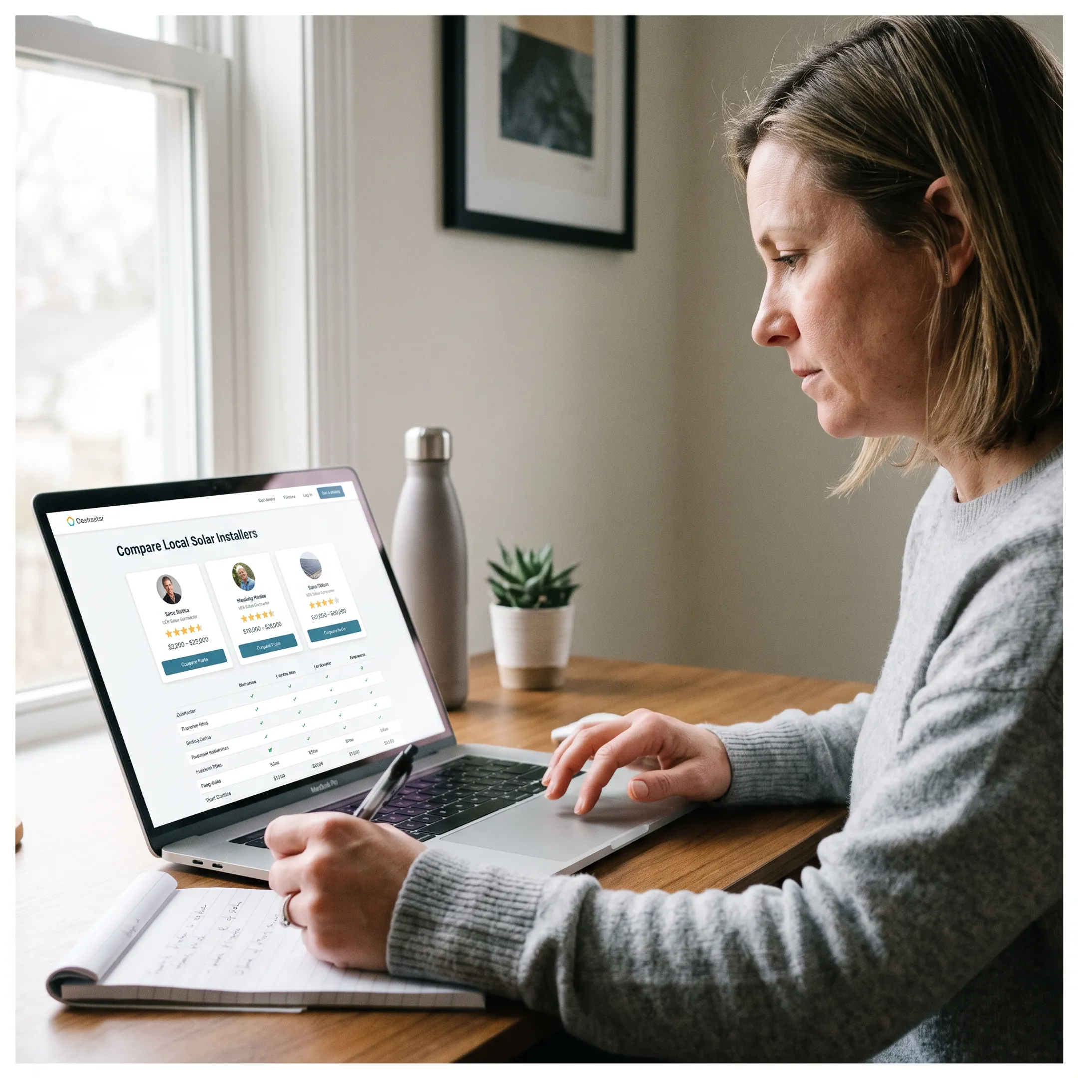 Homeowner comparing solar contractor matches online