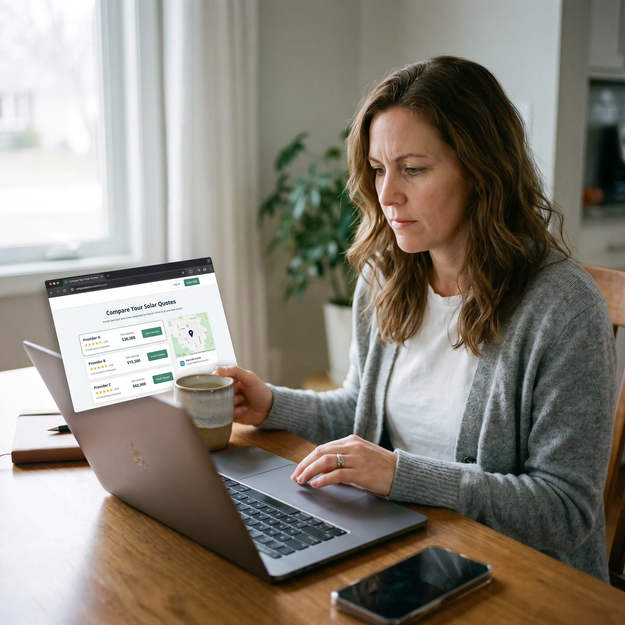 Homeowner comparing solar contractor options online