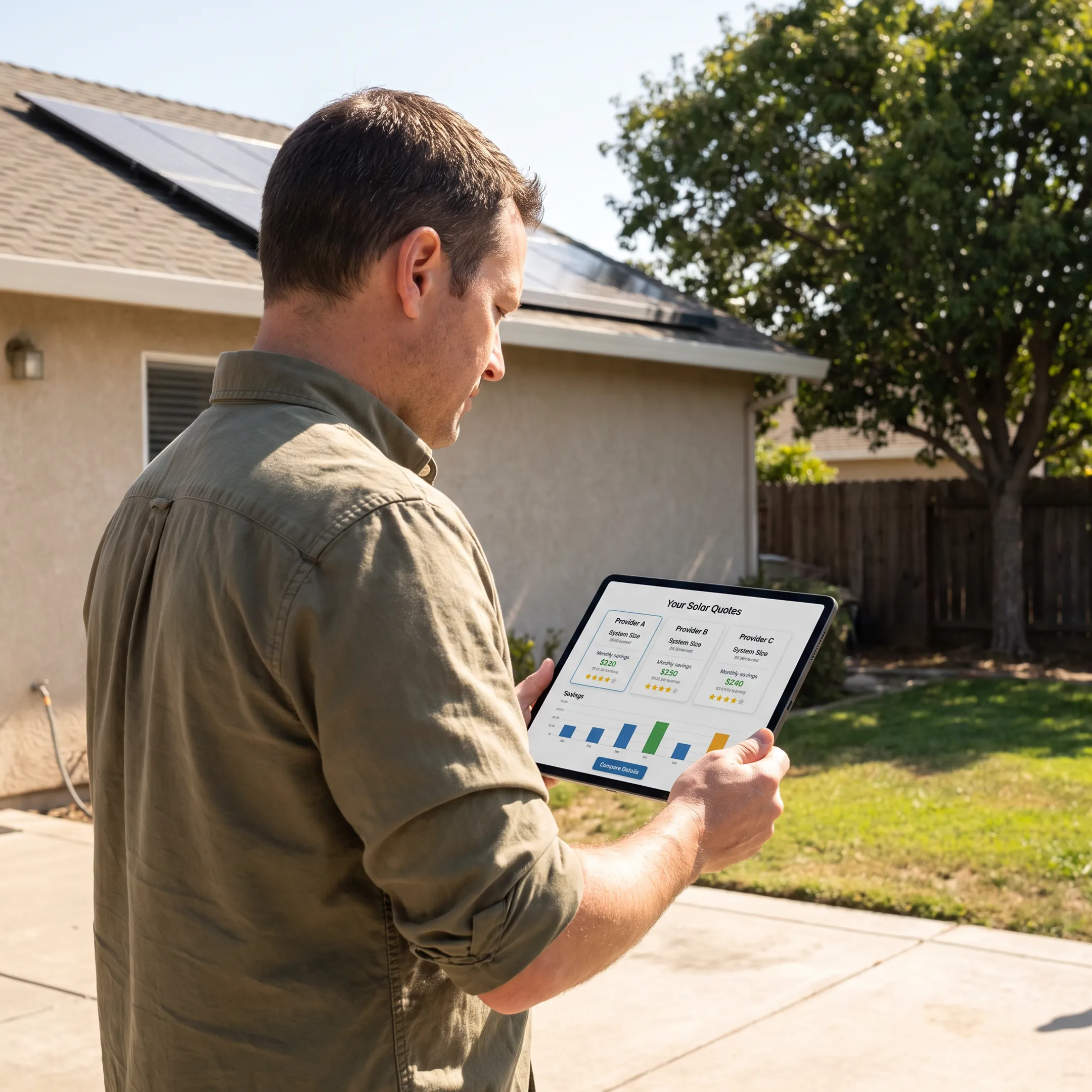 Homeowner reviewing solar contractor quotes at a bright Stockton home